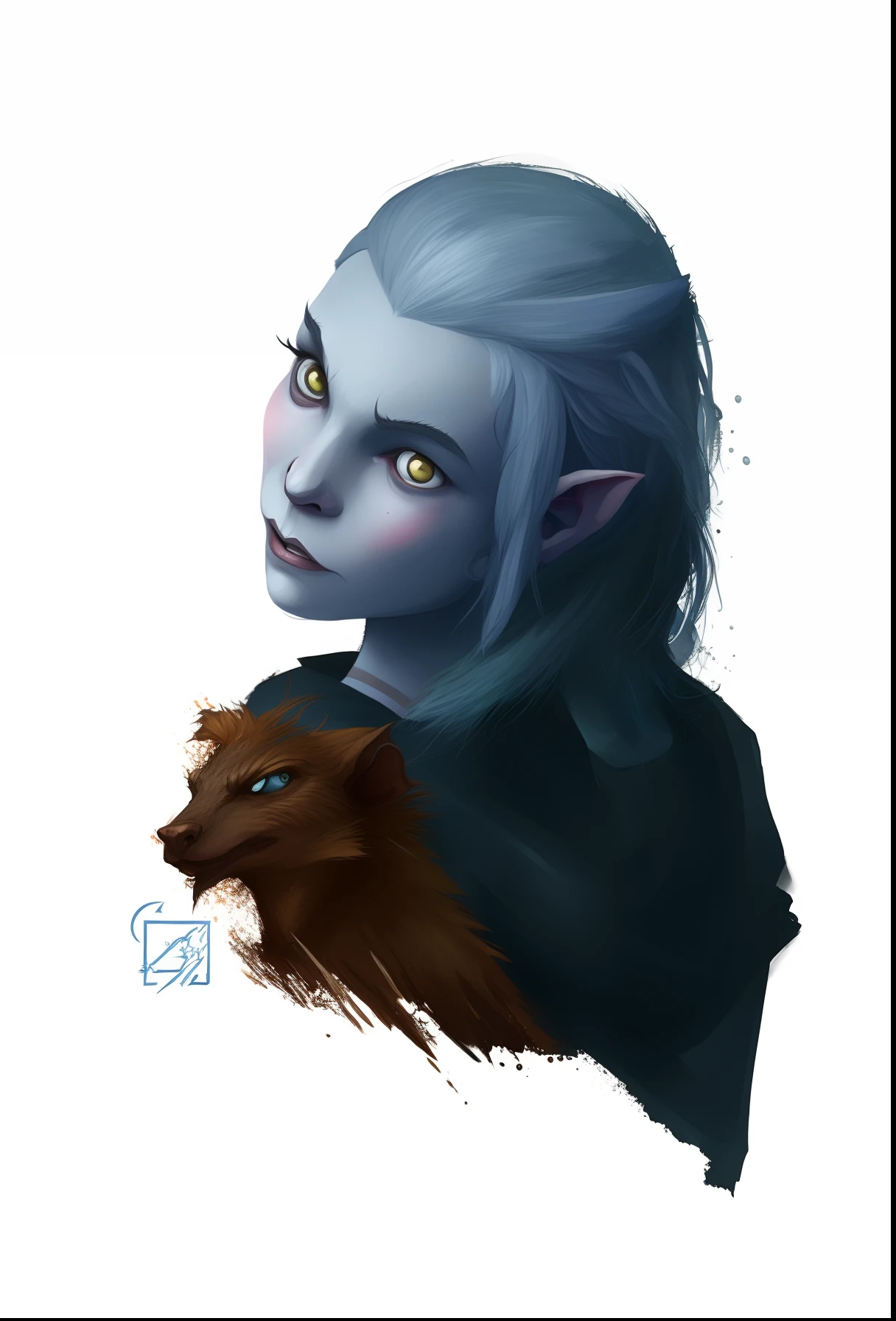 there is a digital painting of a woman with blue hair, blue-skinned elf, blue elf, elf with blue skin, dnd character art portrait, portrait dnd, drow, dnd portrait, detailed matte fantasy portrait, a portrait of an elf, portrait of a dnd character, ShapeShifter, dark elf, portrait of an elf, dnd character portrait, art style of Loles Romero on ArtStation.com, Pillars Of Eternity.
