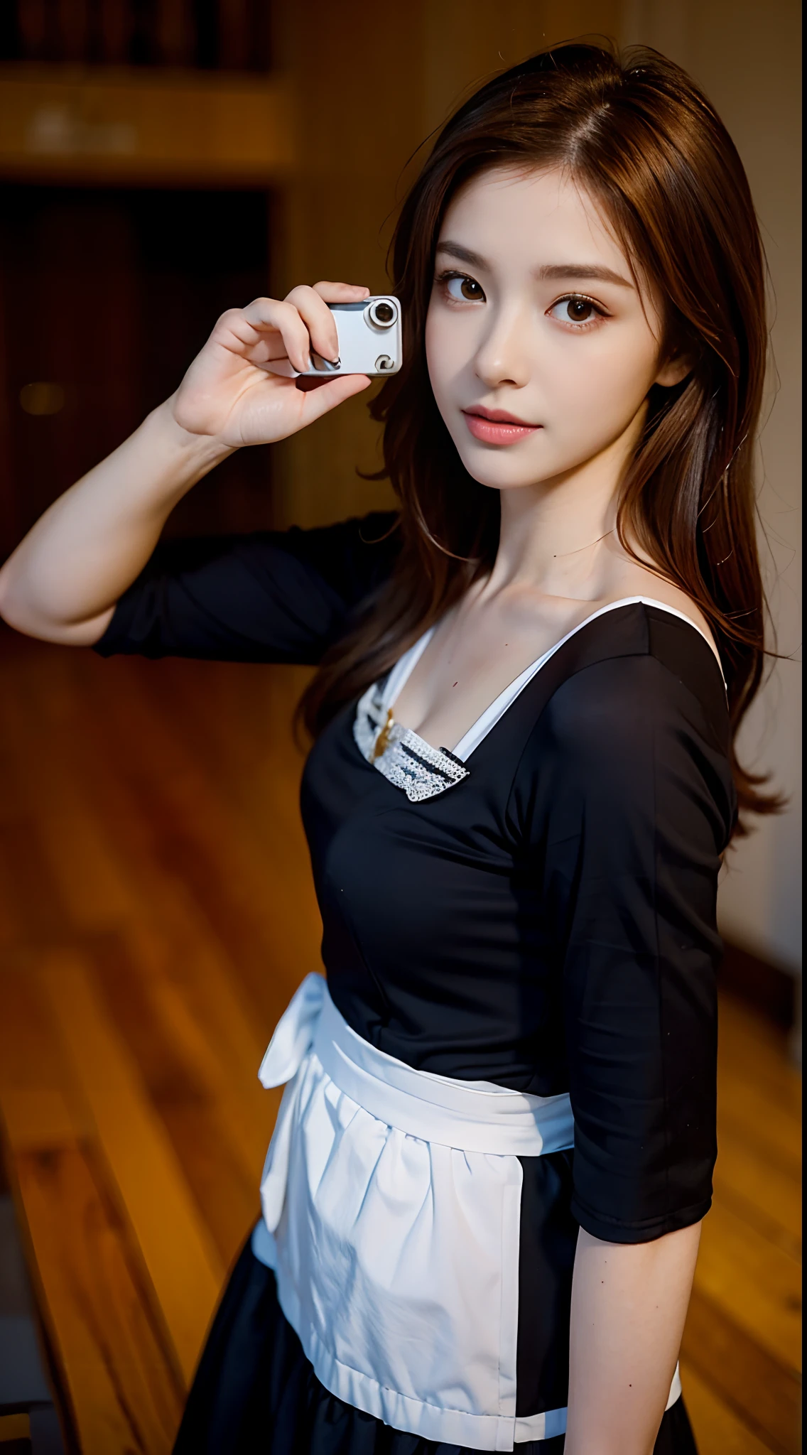 (Pretty maid close-up, Long hair, European armor, amazing body, Pronounced femininity, Sports venues, Golden, Red ginger hair,Ashe flirts with the camera)