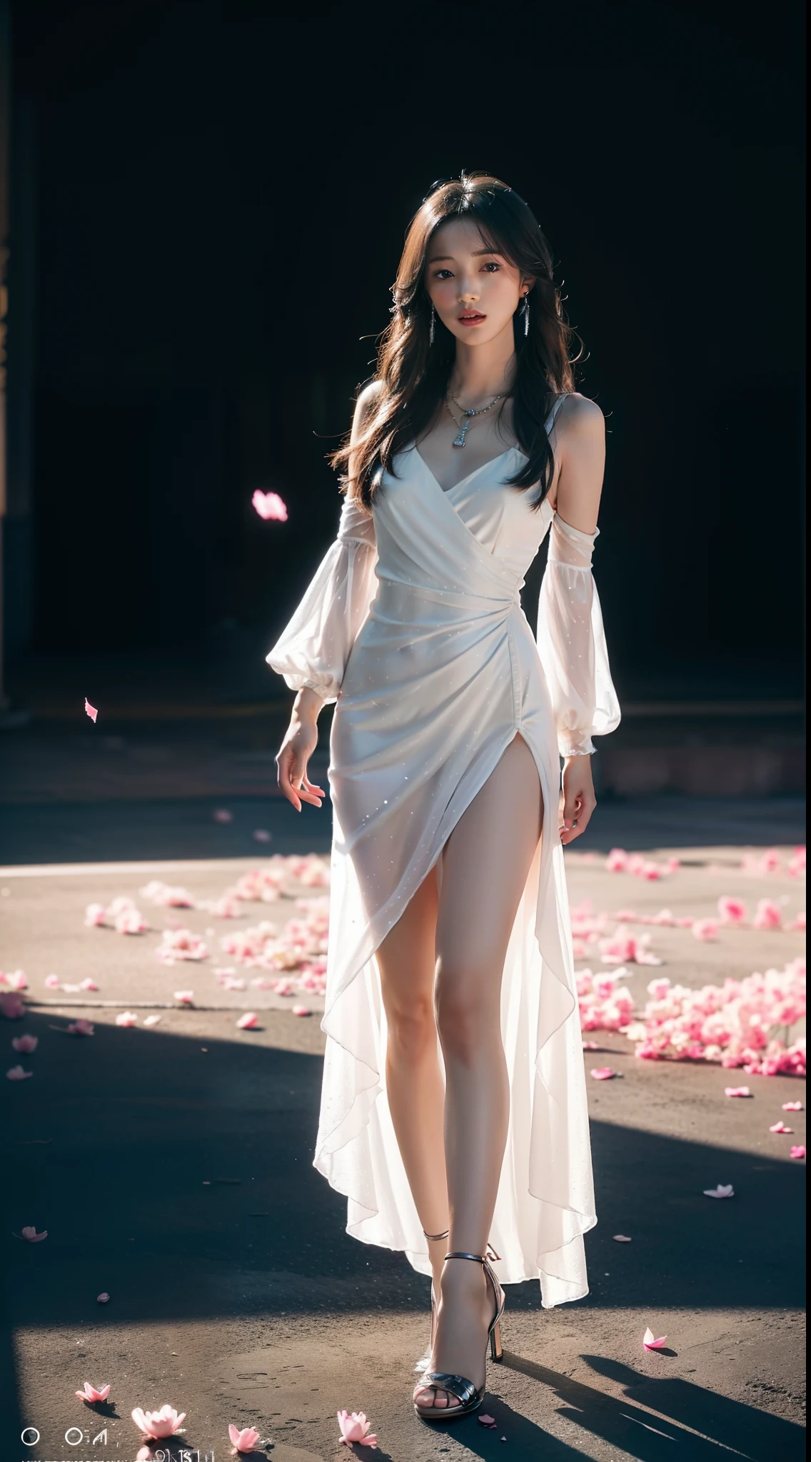 (8k, RAW Photo: 1.2), 1 Girl, (Long hair: 1.31), earrings, hair rings, necklaces, cinematic lighting, best quality, ultra high resolution, (realistic: 1.3), POV, (solo: 1.1), (looking at the audience: 1.331), (parted lips: 1.1), (eyelashes: 1.1), (pleasure: 1.21), (depth of field: 1.1), lens flare, (chromatic aberration: 1.1), (caustics: 1.1), (scattered glowing petals: 1.331), ulzzang-6500-v1.1, ((dream asymmetrical dress))), (full body)), ((high heels))