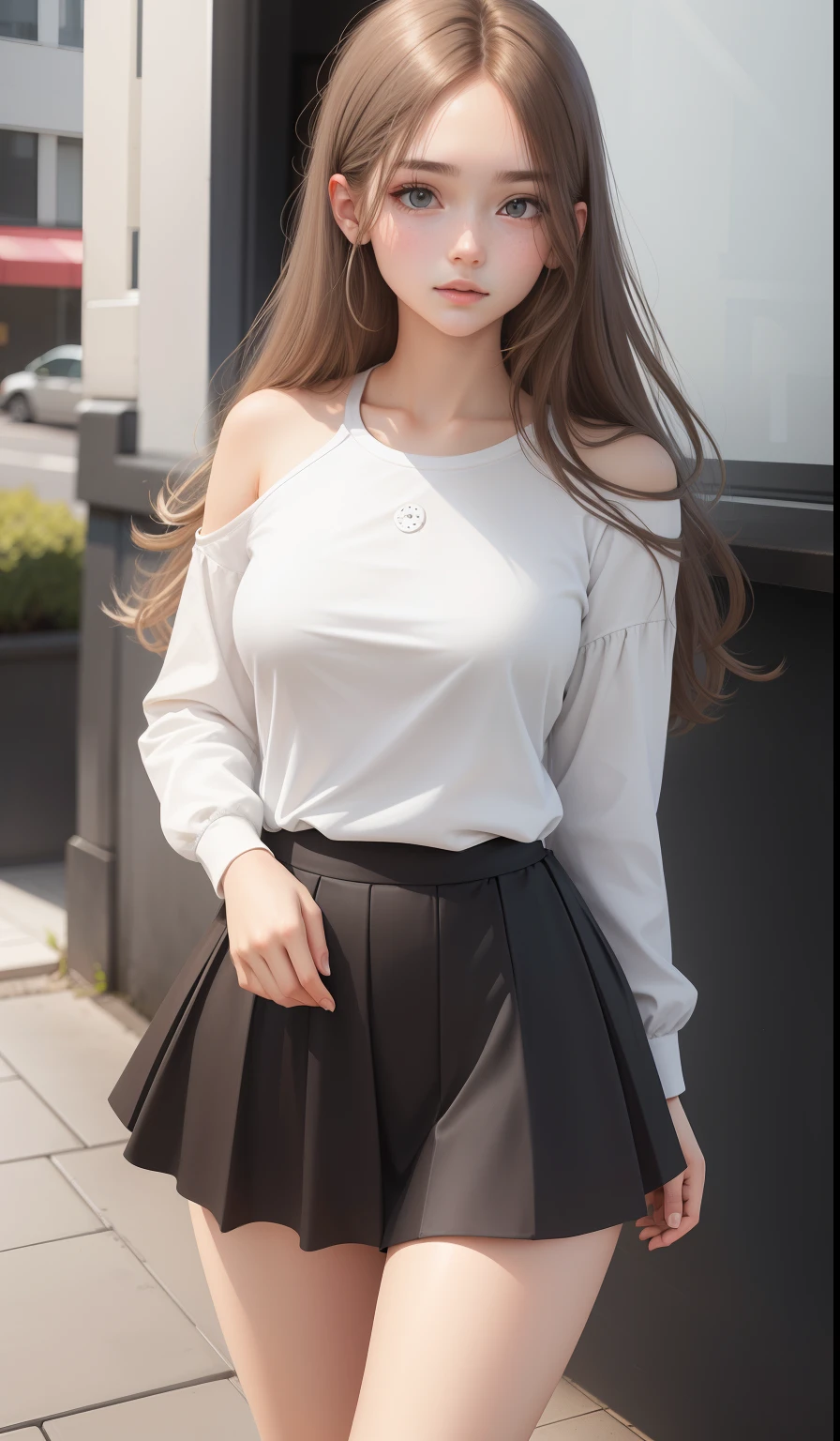 a woman in a casual clothing, white long sleeve T-shirt and circle skirt ,converse shoes, , adult face, shoulder length slightly wavy hair, ((ashy brown hair)) and gleaming detailed vibrant hazel eyes, slim frame, medium breasts, long legs, beautiful face, medium butt size, small feet size, small hand size, perfect hands, scary face, beautiful face, pretty face, hot woman, British woman, cream skin, small soft pink lips , small to medium breast size, sharp features, slim hourglass figure, ashen hair, soft features