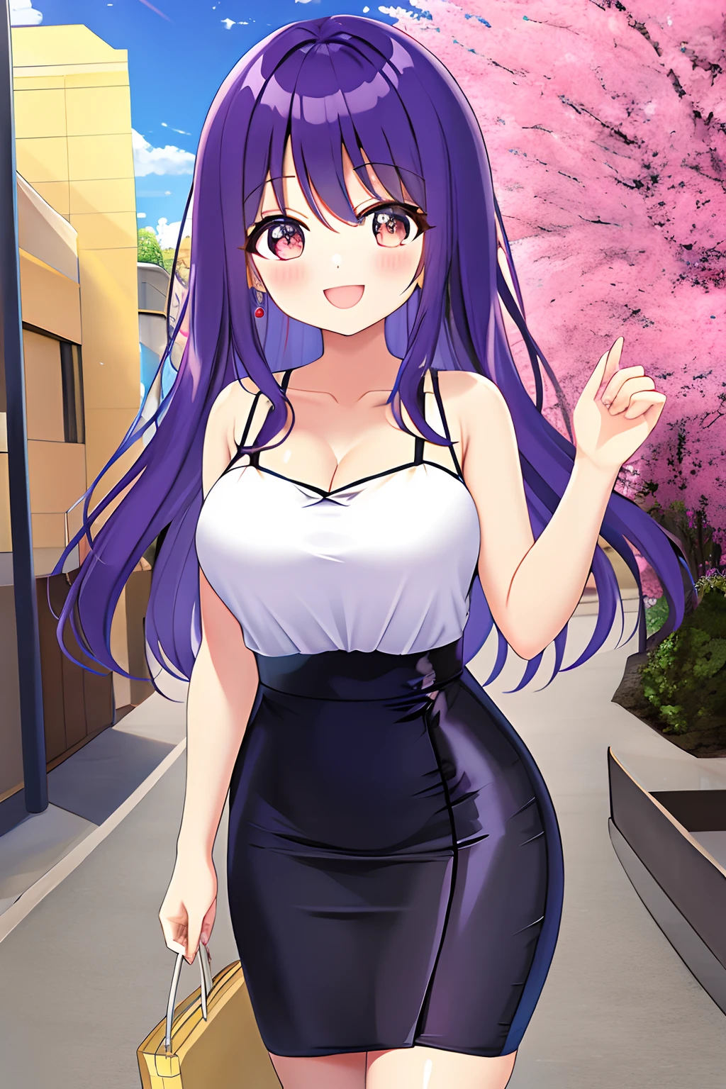 sorriso, Pencil_Dress, olhos cor-de-rosa, galaxy color hair, quadris largos, seios gigantescos, paisagem urbana,