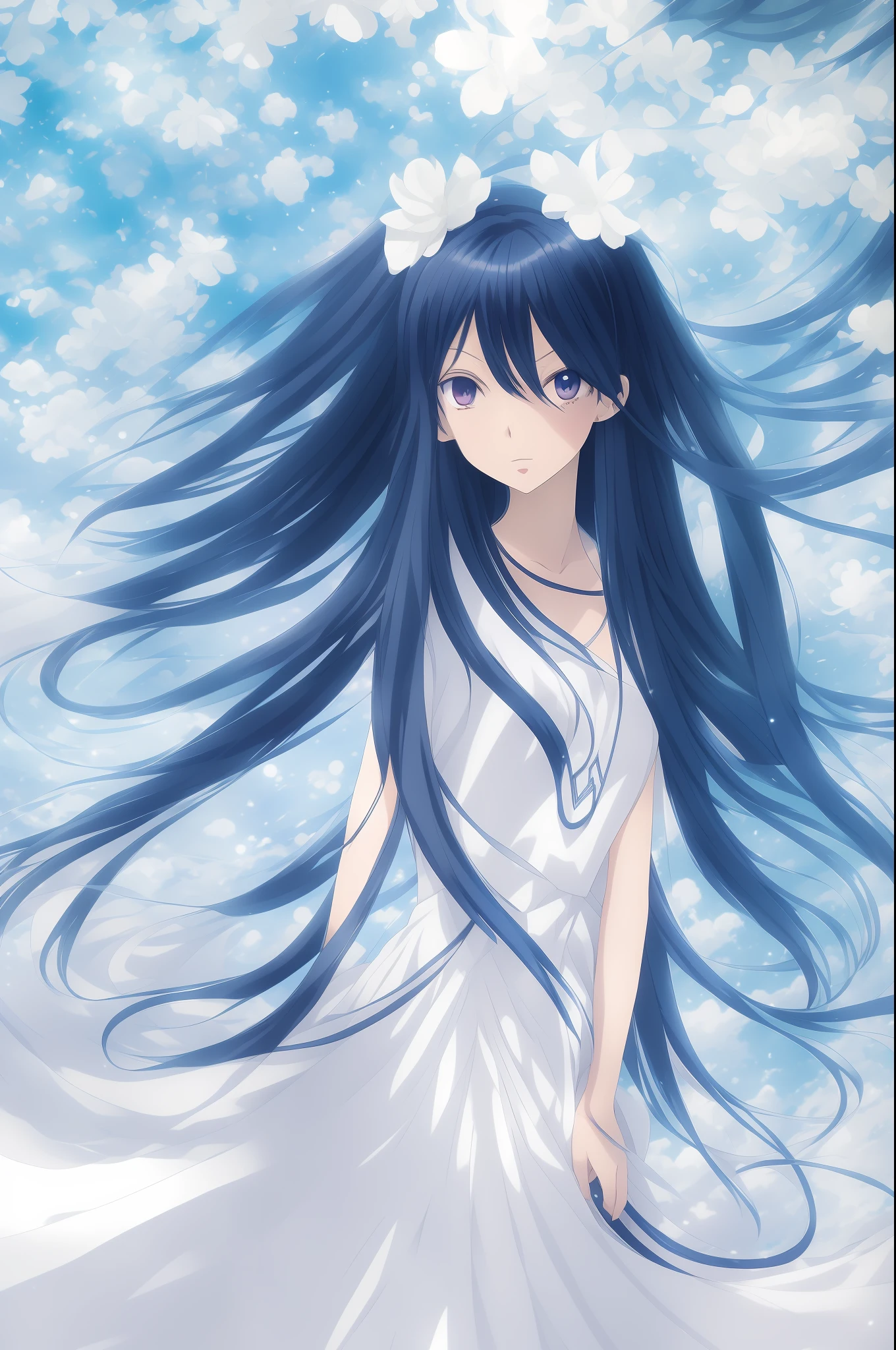 Anime girl with long black hair and blue eyes in white dress, anime style 4 k, beautiful anime portrait, detailed digital anime art, detailed portrait of anime girl, anime art wallpaper 4k, anime art wallpaper 4k, Detailed anime art, digital anime illustration, anime style portrait, anime art wallpaper 8 k, clean detailed anime art, beautiful anime art style