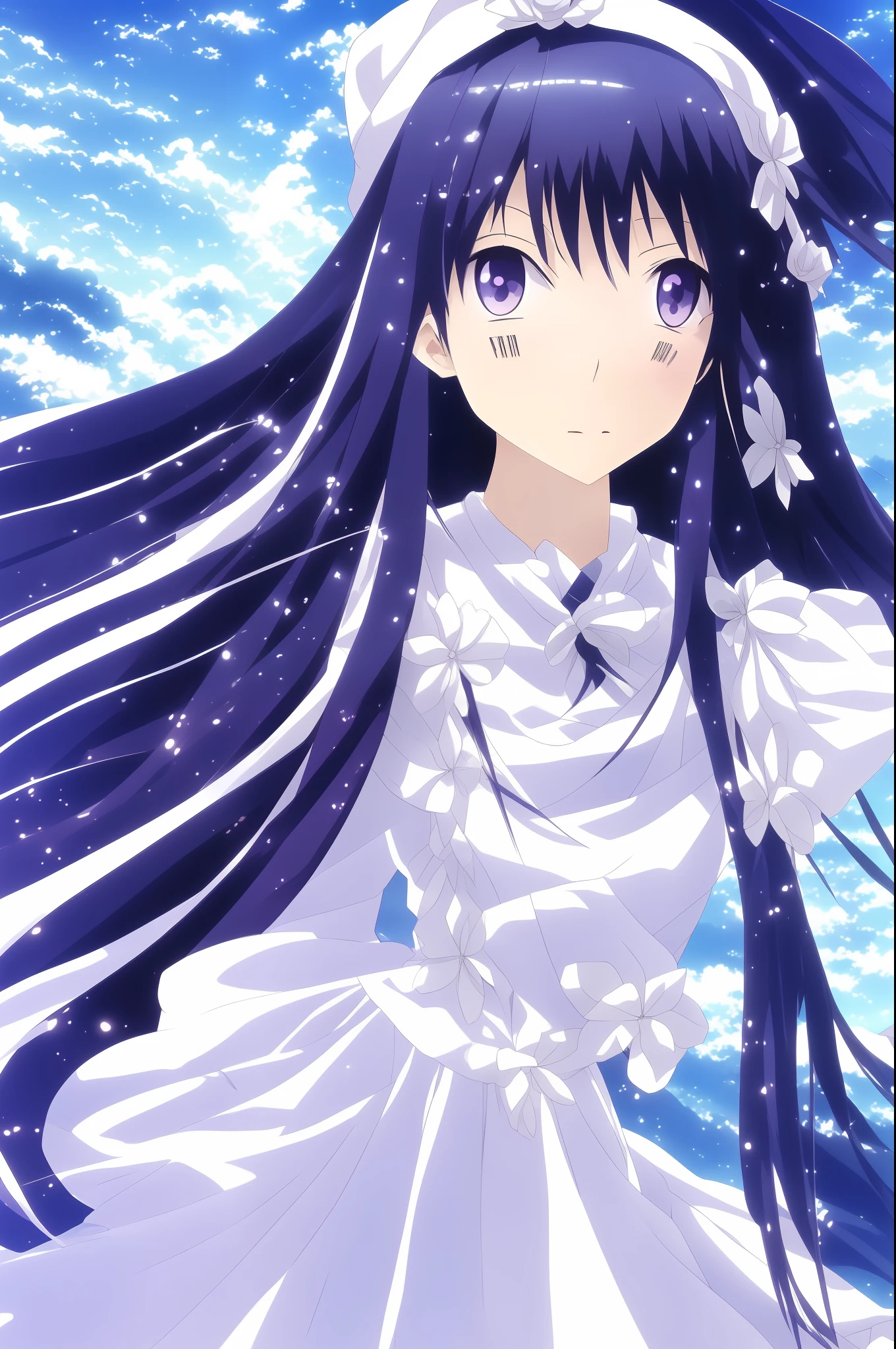 Anime girl with long black hair and blue eyes in white dress, anime style 4 k, beautiful anime portrait, detailed digital anime art, detailed portrait of anime girl, anime art wallpaper 4k, anime art wallpaper 4k, Detailed anime art, digital anime illustration, anime style portrait, anime art wallpaper 8 k, clean detailed anime art, beautiful anime art style