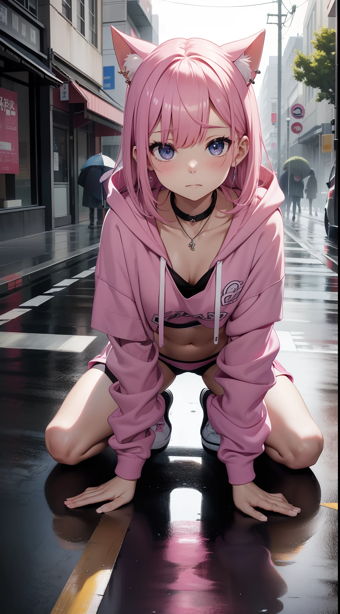 Pink double tails、on the floor on all fours、Cover your face with your hands、embarrassing expression、Shame、Navel out、Large hoodie、facing the front there、Slender body、Medium chest、ear jewelry、choker necklace、(Maximum image quality 8K)、(独奏)、(suprem details)、(Under the rain)、(Middle of the road)、(surrealist)