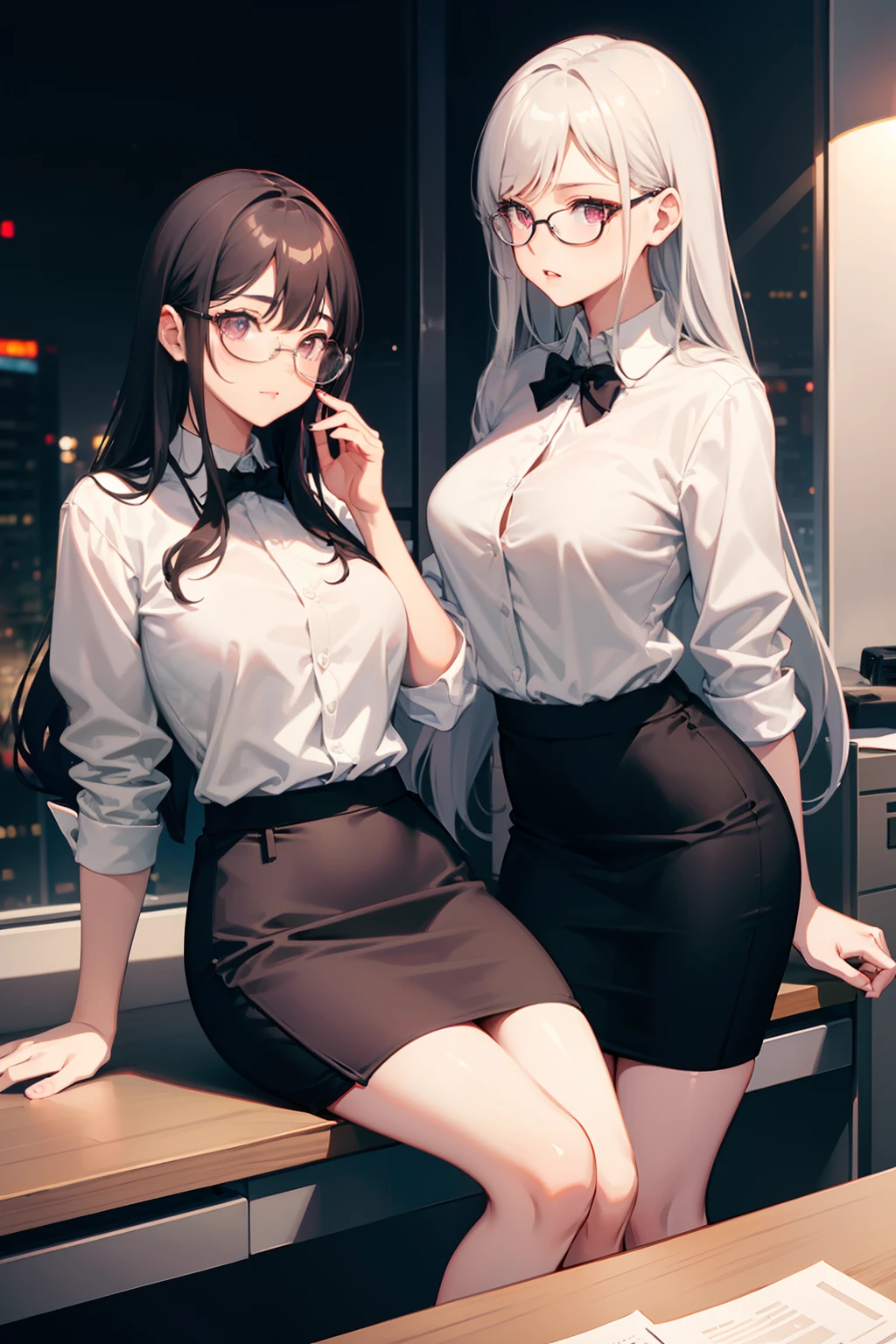 night, office, 2 girls, glasses, white shirt, kissing, black stockings, short black pencil skirt, half body model, one with long silver hair, one with short pink hair, desk, elegant, ultra-detailed