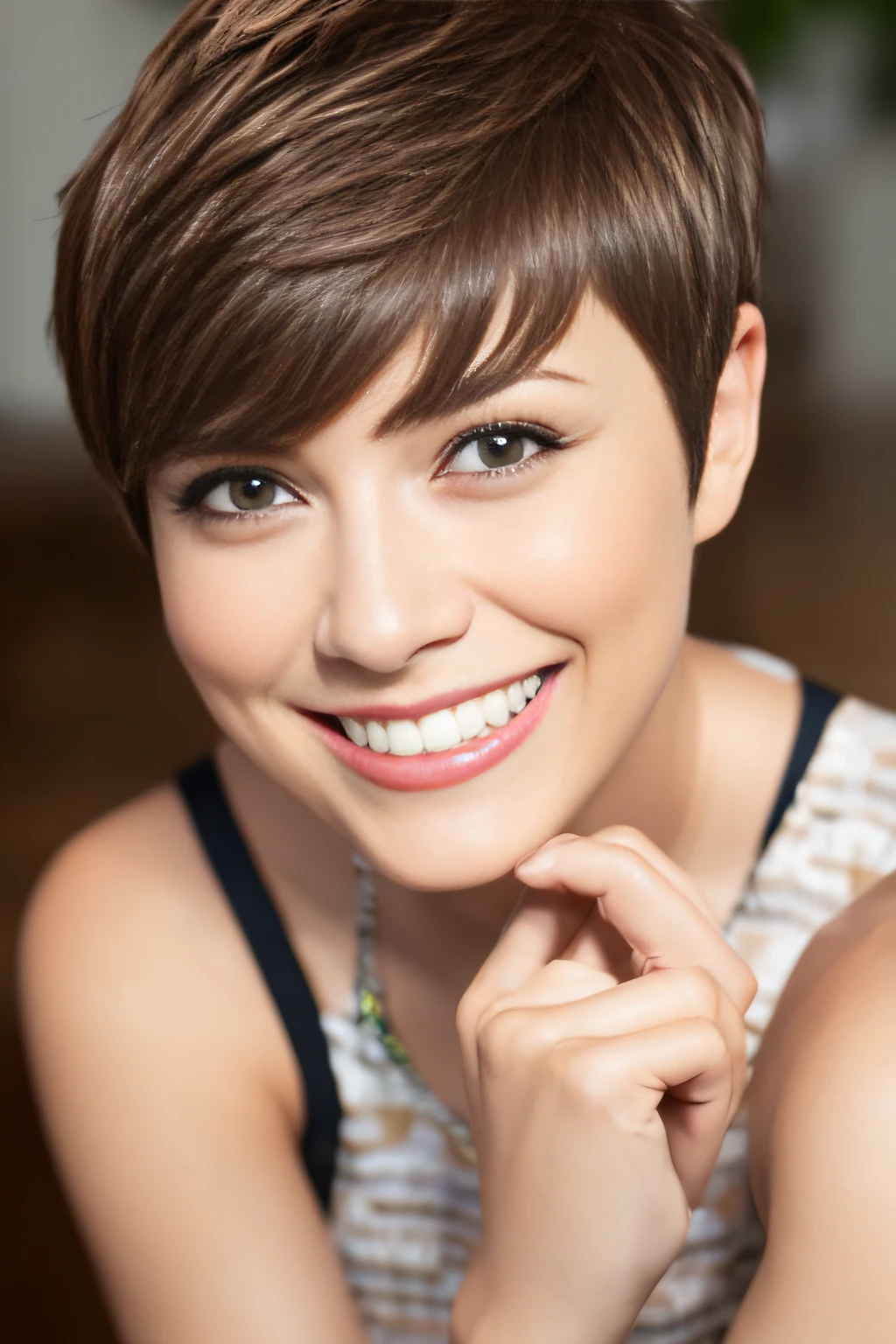a pixie cut a smile Brown hair