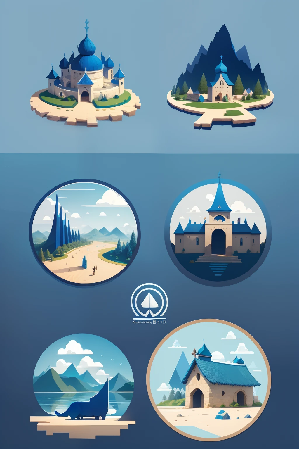 blue colors,peacful,LOGO design with horns and villages,vectorial art,Used in tourist attractions