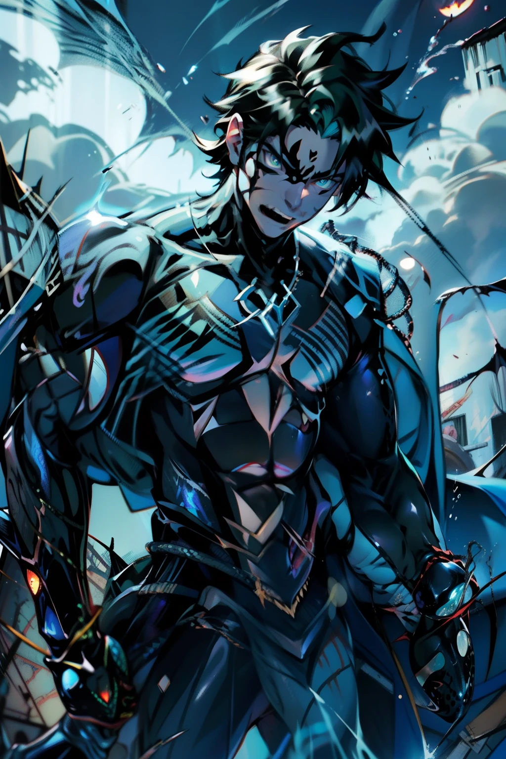 《the original god》Arataki Kazuto , male people, chest muscle, Sexy , Venom symbiote for your body, Black mucus of the body , into venom, venomize,Black bodysuit,(Cloak),Red cape,Abs,(Adult male)((Venom possession,venom symbiote)),over-Tortoise Man,Battle damage,((Masterpiece)), ((Best quality)), Ultra detailed,((illustration)), Dynamic Angle, Detailed light, (Delicate eyes), Floating, 1boy, Male focus, Head, Clothing, Yellow eyes, necklace, tattoo, (Forehead:0.8), (ahoge:0.8), jewelry, brunette color hair,apathy,Ray, chest muscle, Sexy , Venom symbiote for your body, Black mucus of the body , (into venom), Venom,frontage,Bust photo,White tight-fitting top,spiderman outfit,style of anime4 K, 4K anime wallpaper, Badass anime 8 K, 4 k comic wallpaper, young anime man, Anime boys, Anime wallpapers 4 k, Anime wallpaper 4K, High quality anime art style, Anime moe art style, Anime art wallpaper 8 K, Anime art wallpaper 4 K, RGB lighting,
