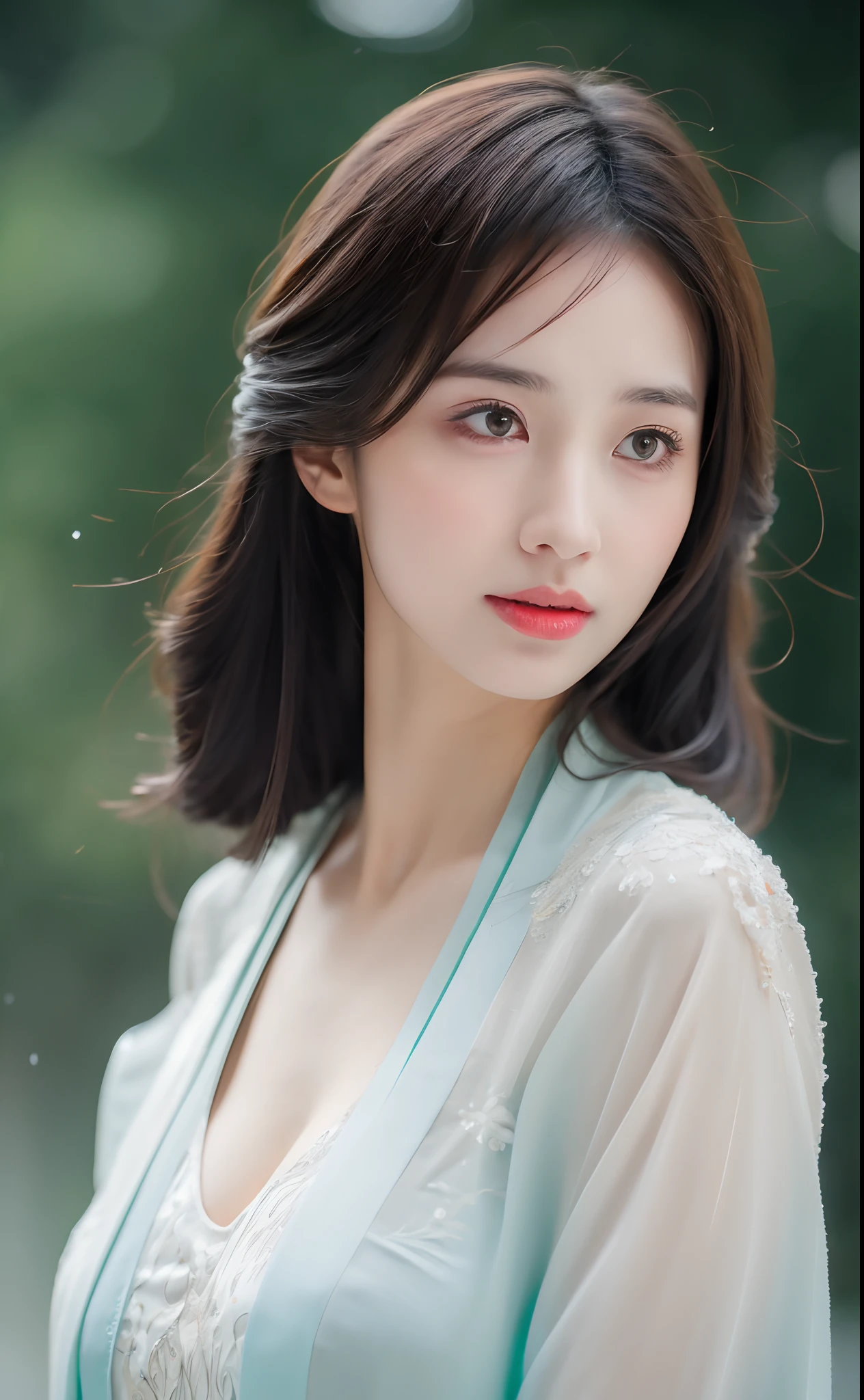 ((Best Quality, 8k, Masterpiece: 1.3)), Focus: 1.2, Perfect Body Beauty: 1.4, Buttocks: 1.2, ((Layered Haircut)), (Wet Clothes: 1.1), (Rain, Street:1.3), (Breasts: 1.2), (Hanfu: 1.2), Bare Shoulders, Bare Legs, Highly Detailed Face and Skin Texture, Fine Eyes, Double Eyelids, Whitened Skin, Long Hair, (Shut Up: 1.5), (Bokeh Background: 1.5), Big Breasts