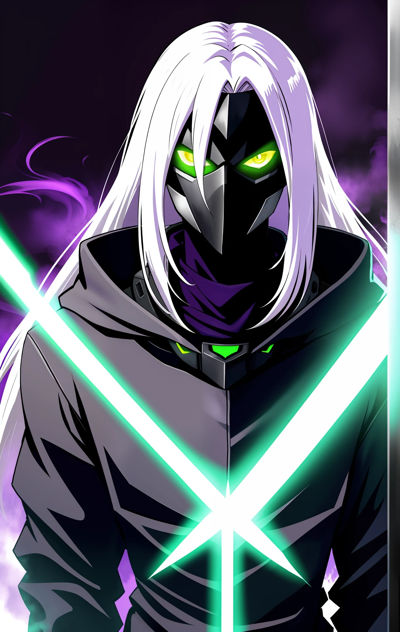 male, 20 years old, pale skin, long white hair, radiation containment suit, evil look, green eyes, very thin, sick, with hood, black suit, with purple smoke around, with purple scarf, wearing steel mask that covers the whole face, villain