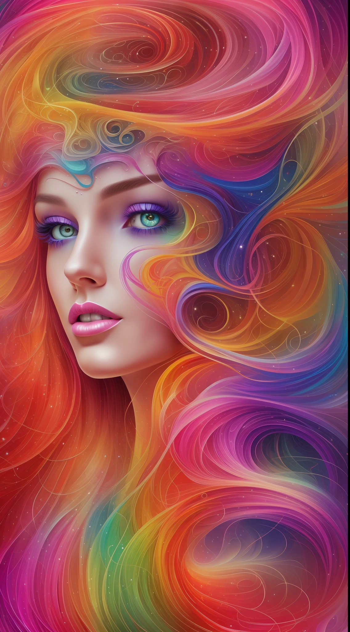 a woman with long hair and bright colors on her face, psychedelic flowing hair, airbrush digital art, digital airbrush painting, fractal hair, gorgeous digital art, stunning digital art, abstract portrait, breathtaking digital art, glossy digital painting, digital art picture, beautiful digital artwork, inspiring digital art, incredible digital art, mind-bending digital art, vibrant digital painting