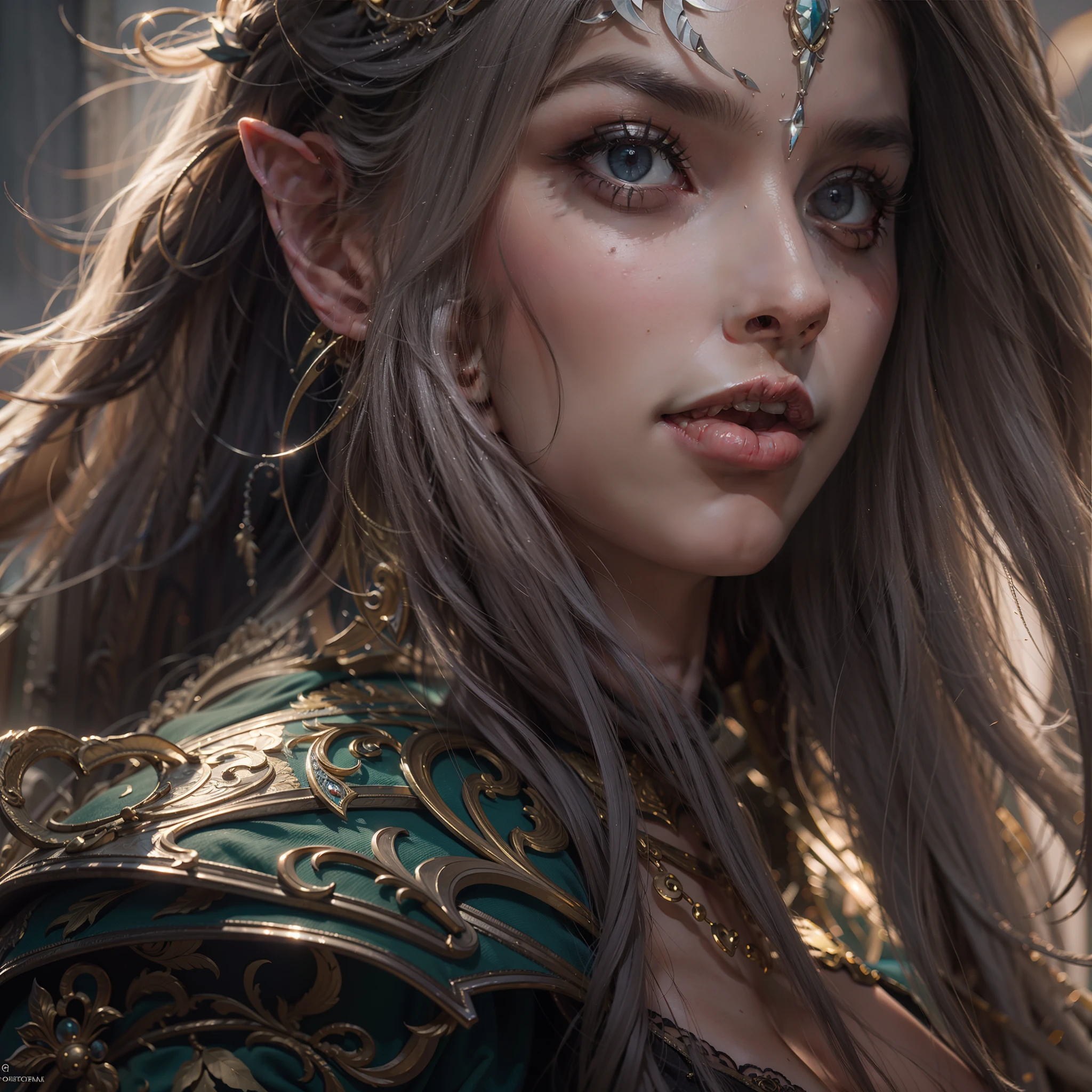 Beautiful close-up portrait painting of perfect female elf warrior, shapeless long hair, perfect features, (wearing ornate, baroque elven armor), abstract beauty, near perfection, pure form, dynamic pose, ethereal background, (deep dark shadows), cinematic lighting, strong light contrast, concept art by Greg Rutkowski and John William Waterhouse, intricate detail, 8k post-production, High resolution, super Detail, trending on ArtStation, sharp focus, depth of field f/1.8, studio photos.