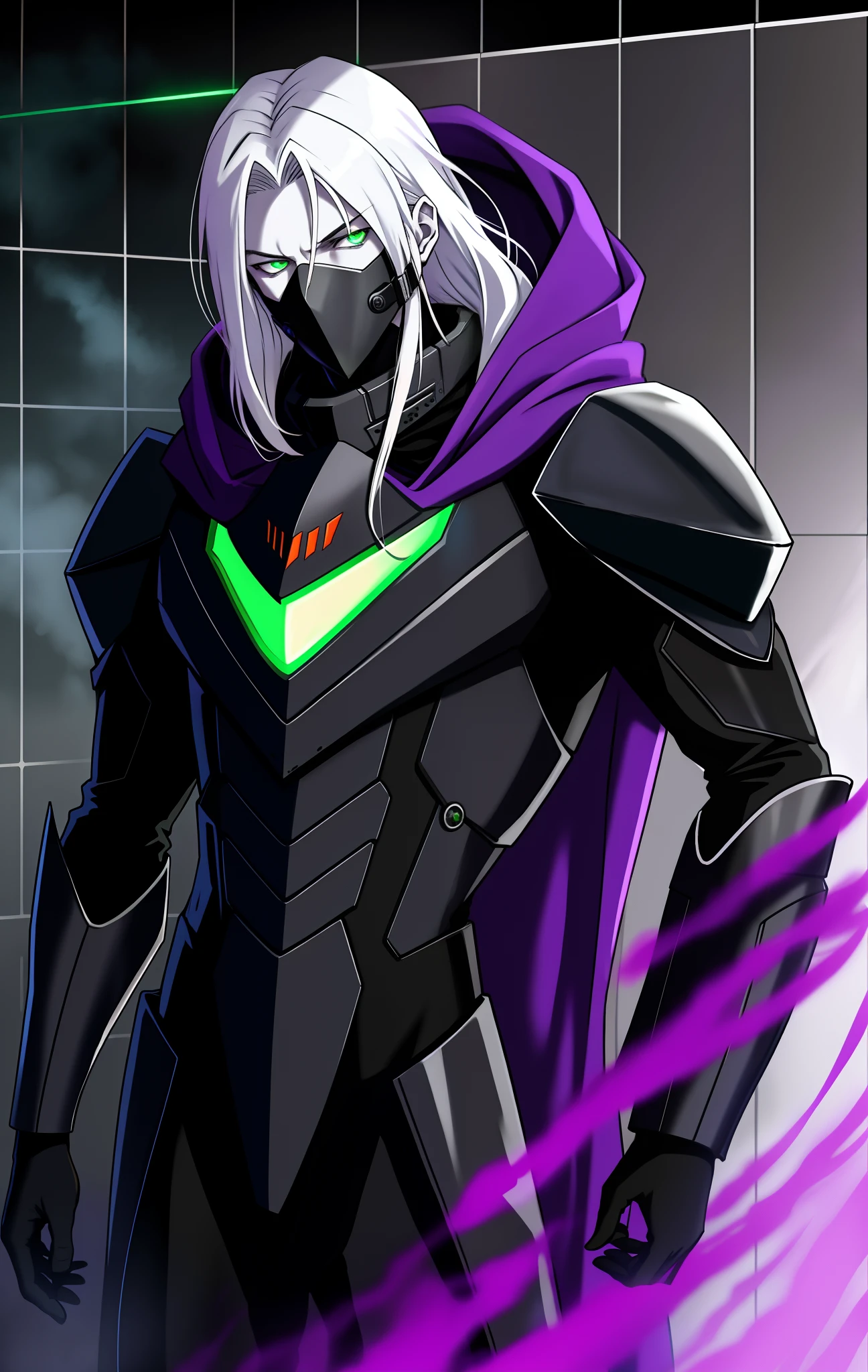 male, 20 years old, pale skin, long white hair, radiation containment suit, evil look, green eyes, very thin, sick, with hood, black suit, with purple smoke around, with purple scarf, wearing steel mask that covers the whole face, villain