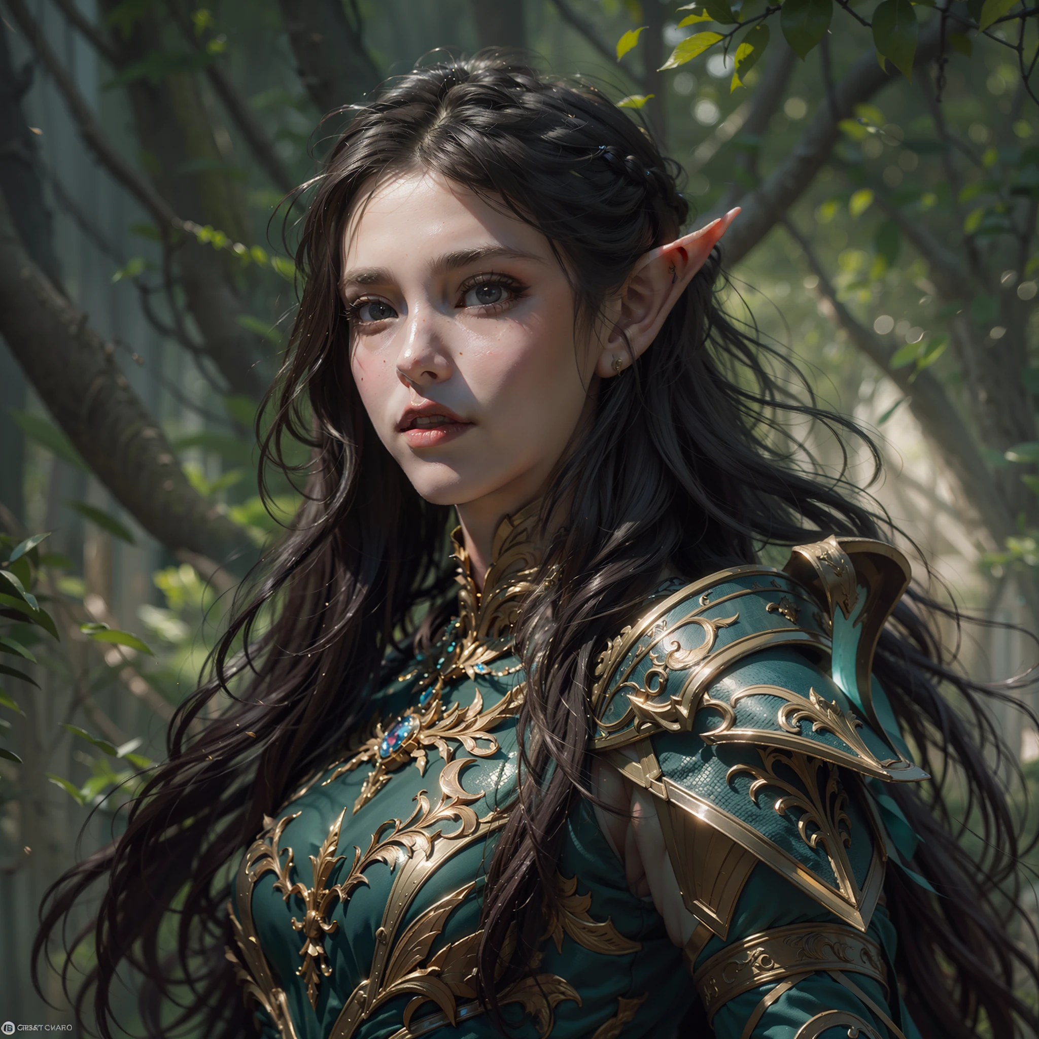 Beautiful close-up portrait painting of perfect female elf warrior, shapeless long hair, perfect features, (wearing ornate, baroque elven armor), abstract beauty, near perfection, pure form, dynamic pose, ethereal background, (deep dark shadows), cinematic lighting, strong light contrast, concept art by Greg Rutkowski and John William Waterhouse, intricate detail, 8k post-production, High resolution, super Detail, trending on ArtStation, sharp focus, depth of field f/1.8, studio photos.
