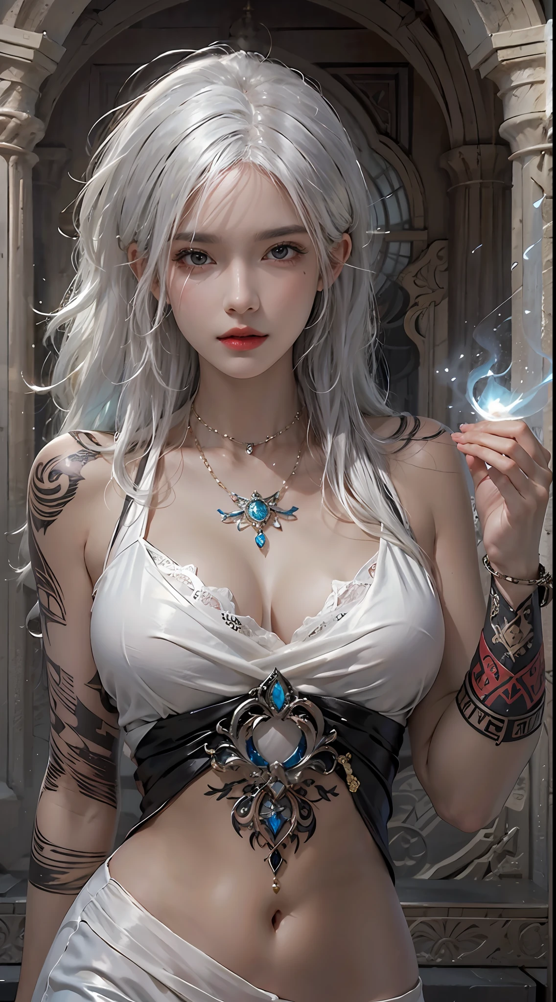 photorealistic, high resolution, 1women, solo, hips up, look at viewer, (detailed face), white hair, sorcerer, casting spell, jewelry, tattoo