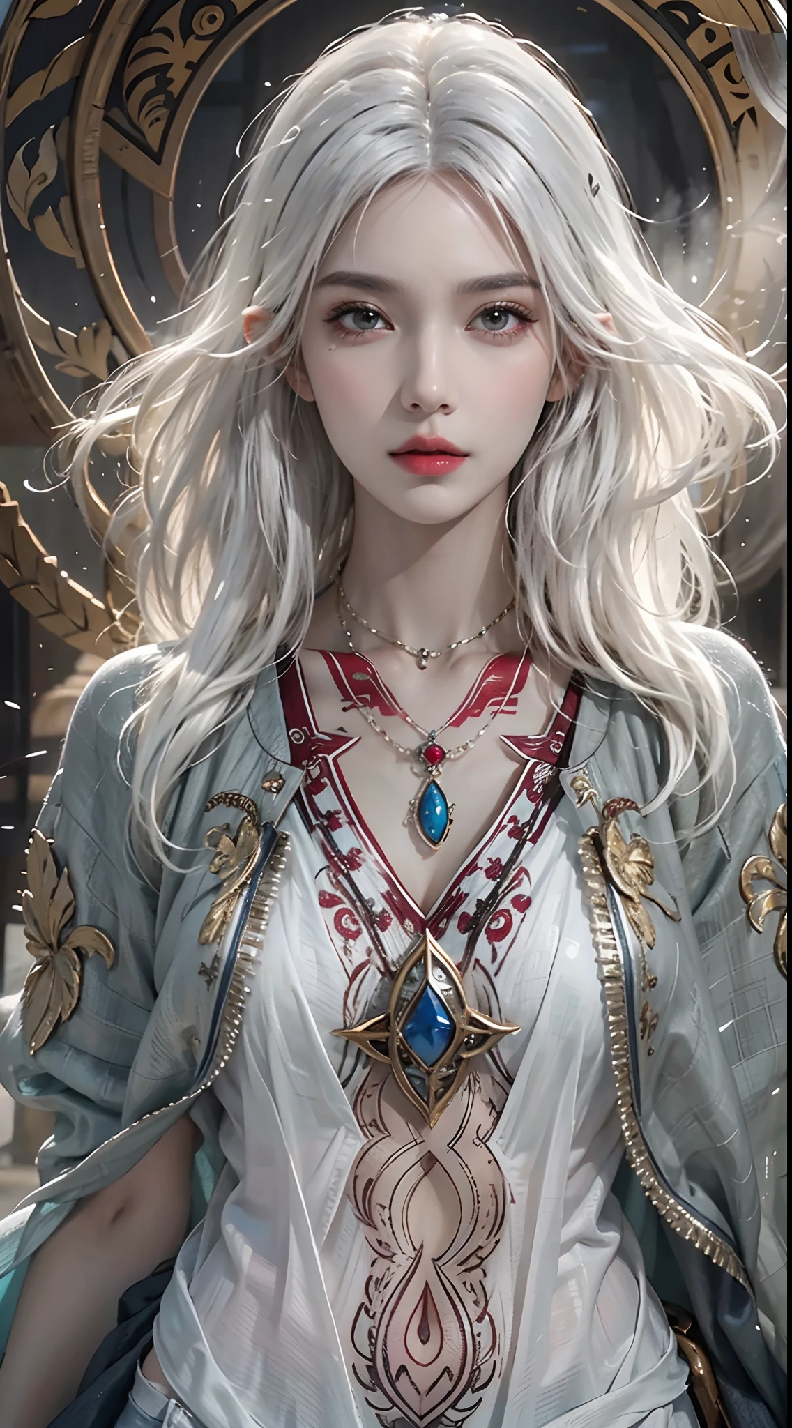 photorealistic, high resolution, 1women, solo, hips up, look at viewer, (detailed face), white hair, sorcerer, casting spell, jewelry, tattoo