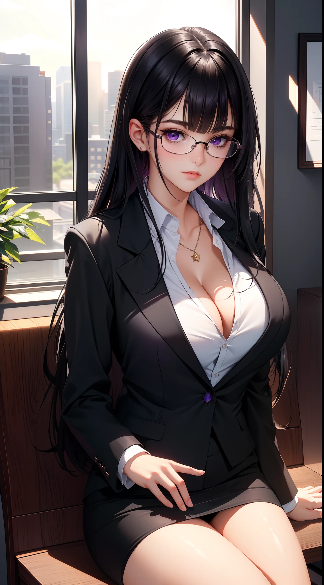 (Best quality:1.1), (Masterpiece:1.2), Highqualityshadow, Beautiful detailed, Beautiful face, Detailed eyes, Depth of field, A high resolution, Best shadow, Best illumination, 1girll, view the viewer, Black hair, Blunt bangs, Long hair, Purple eyes, Shy, Large breasts, Miniskirt, blouse, Blazer, pump, Office Lady, Glasses,cleavage