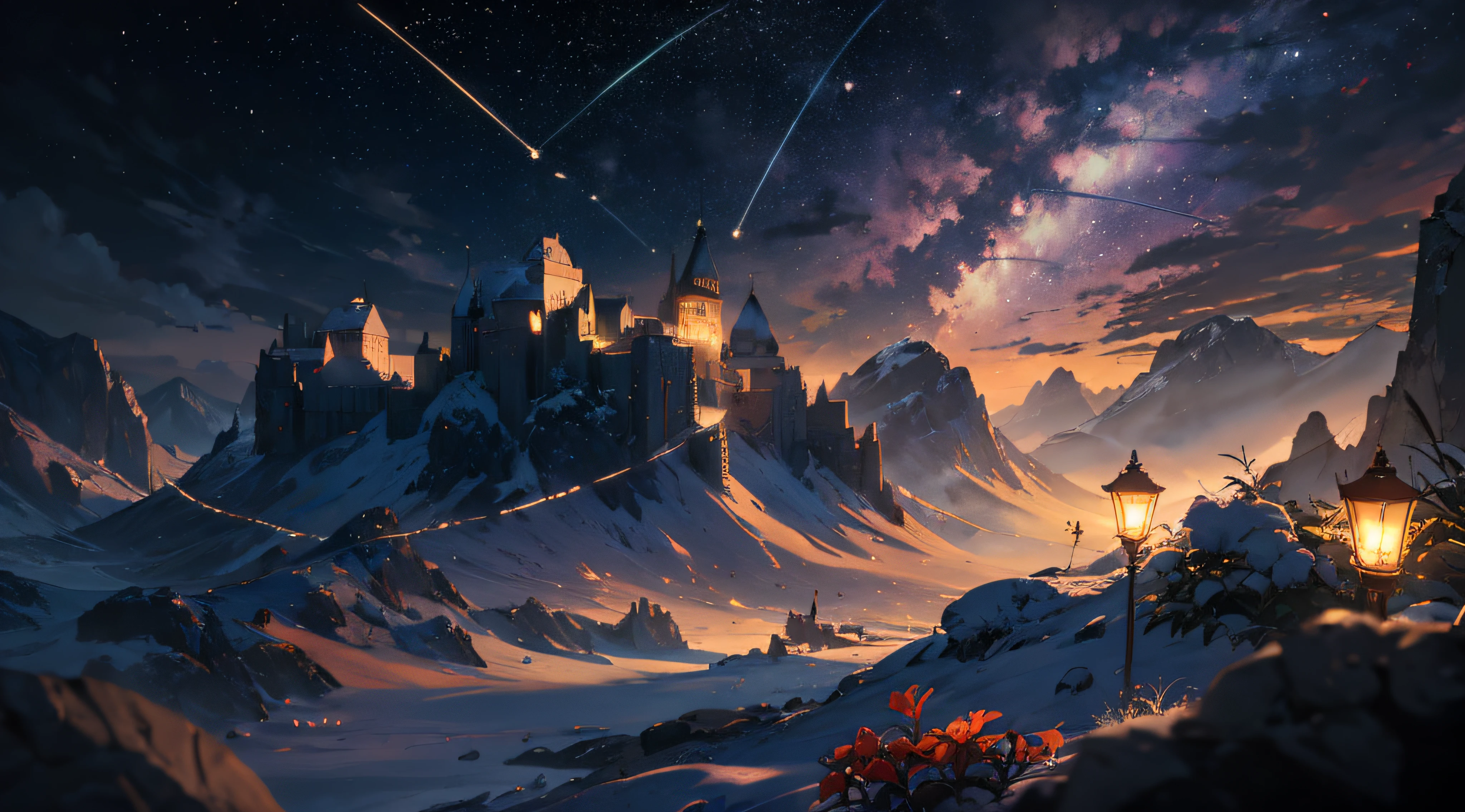 Expansive landscape photograph,(moon full:1.2),(meteors:0.9),(Starcloud:1.3),(Warm light source:1.2),(glowworm:1.2),lamp lights,Lots of purple and orange,Complicated details,Volumetriclighting,Realism BREAK(tmasterpiece:1.2),(best qualtiy),8K,Ultra-detailed,(dynamic compositions:1.4),The is very detailed,Colorful details,(Irridescent color:1.2),(luminouslighting,Atmospheric lighting),dream magical,magical,(独奏:1.2),((best qualtiy)), ((tmasterpiece)), (the detail:1.4),depth of fields,maximum definition and sharpness,perfectly proportions,Fluttering clouds,Wallpapers