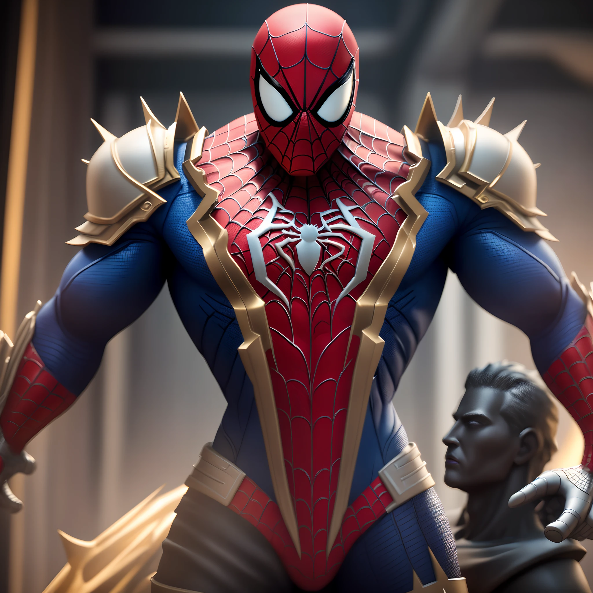a close up of a statue of a man with a gold and white costume, super detailed render, 3 d render character art 8 k, intricate white and gold armor, full samurai armor spiderman, high detail iconic character, 8k render”, octane render ”, octane render”, super detailed octane render, super rendered in octane render, hyper detailed 3 d render, futuristic style spiderman