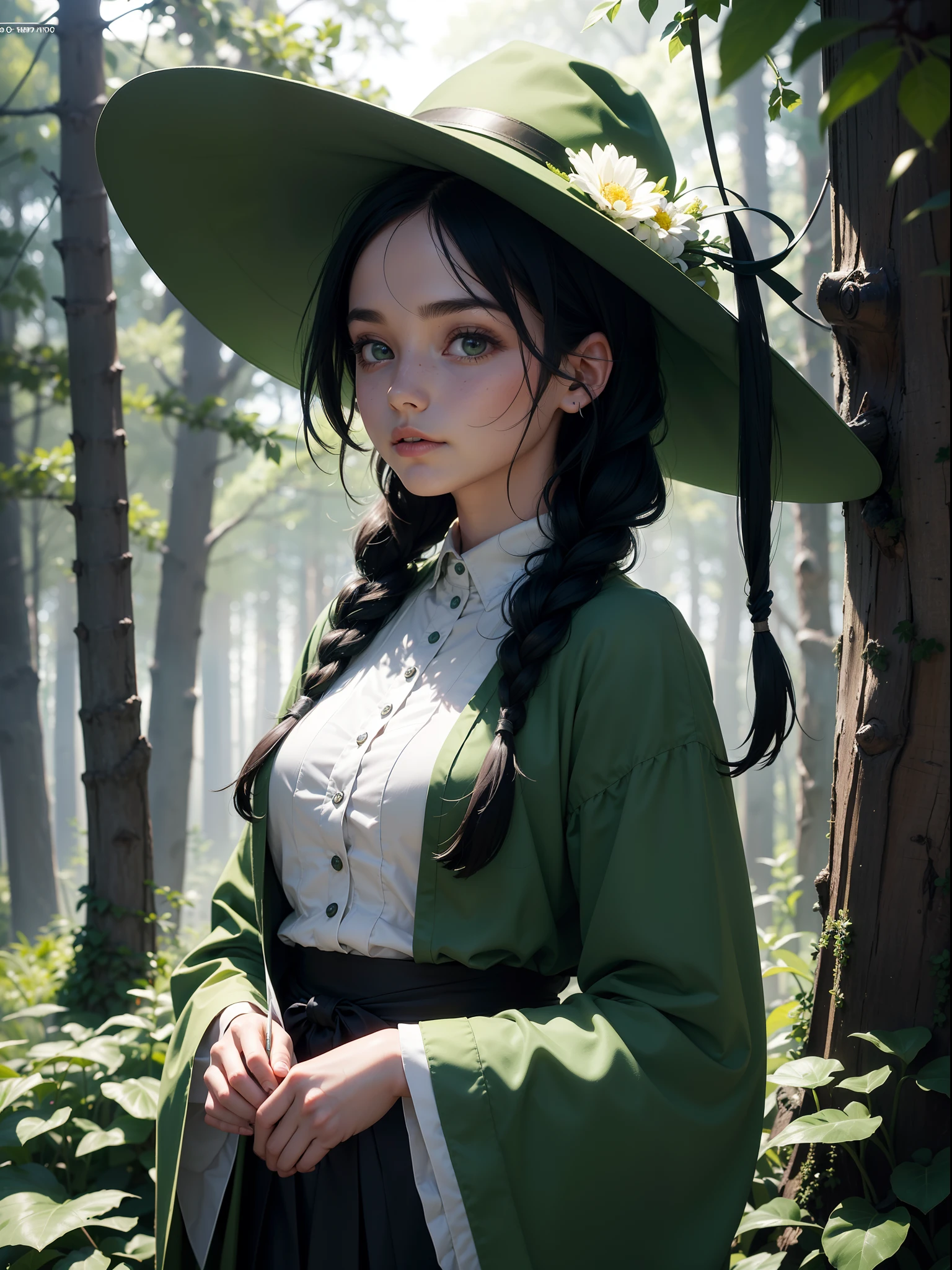 (Simple green witch robe and big green shirt,Cute girl with simple green witch big hat and braid, Cute black hair girl, Approx., short height, Dark hair , Green dressing gown, Split lips,Upper body, light Particle, forest, Intense sunlight,Effect of twinkling aelight,Oversized shirt,lanthanum),masterpiece, top-quality, detailed skin textures, Detailed Cloth Texture, beautifull detailed face, intricate detailes, ultra-detailliert, Regina Display, Super Detail, high details, High quality, Best Quality, hight resolution, 1080p, in 8K,