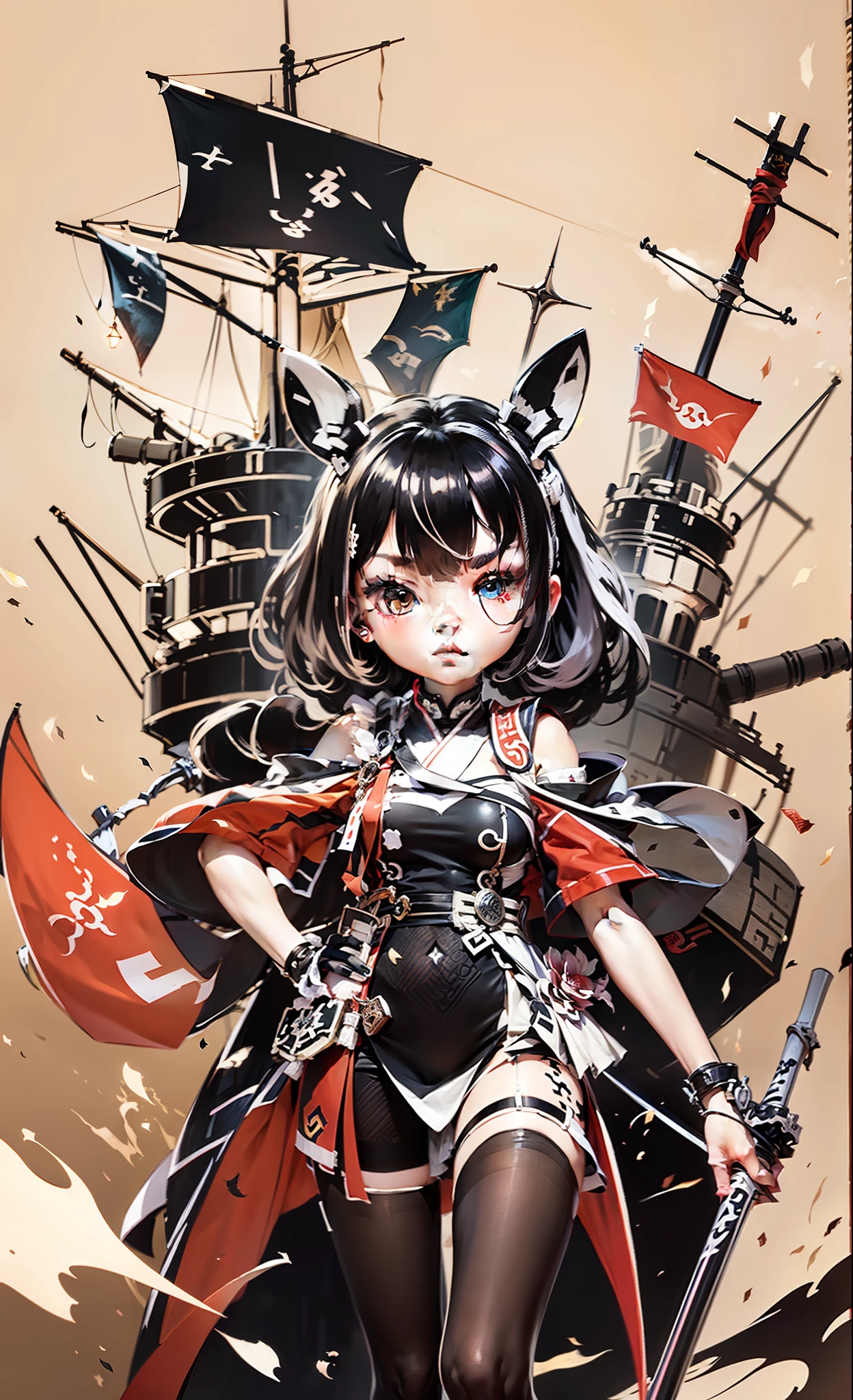 The long sword was replaced with a thousand machine umbrella,Black stockings on her legs,There is a Qin character on the flag。