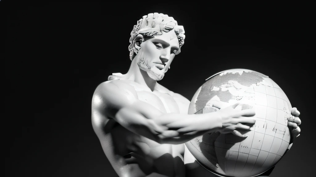 Atlas, Carrying the globe on his back, greek aesthetic, Ancient greek statue, black and white. Best quality, Ultrarealistic, Humanrealistic, 8k. --auto