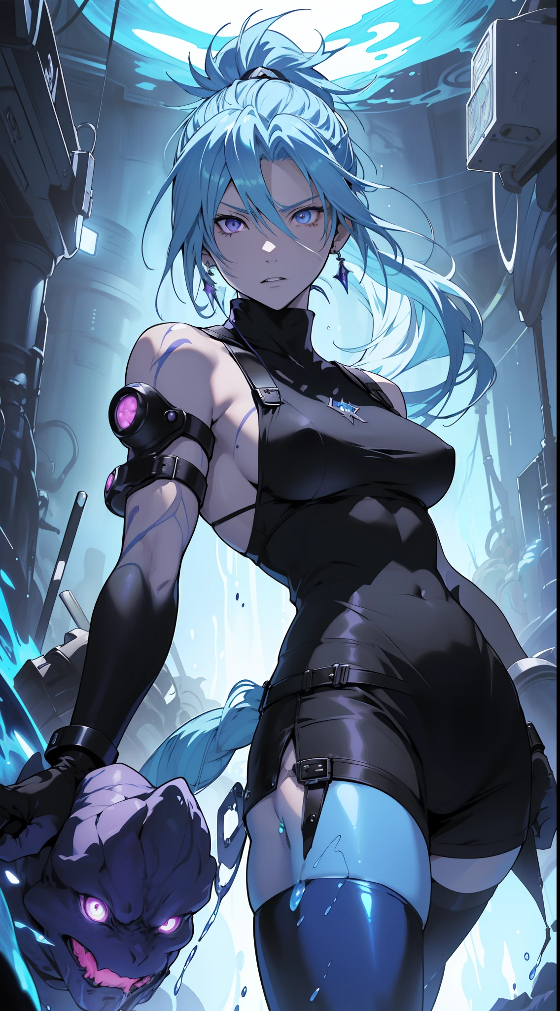 (anime) . ((Final Fantasy 7 Remake: 2.0)), ((Final Fantasy 7)), (((Medium Small Tits))), ((Beautiful body)) . Woman ((((Jenova))))) the calamity of paradise, (((blue colored skin)) + whole body blue color skin + long white hair + bright and shiny purple eyes + blank stare + serious look + demon + goddess + in a dark blue laboratory cave + divine magic + dark purple aura + levitation + sexy demonic outfit) . (Masterpiece: 1.8), (64k quality), (final fantasy artwork concept), detailed (manga eyes + hair + clothes + body + face + colors + shoulders + eyes (globular + transparent + liquid) + (sharper drawings) + (shiny jewelry) + (clothes folds) + (rounded eyes) + (consistent clothes) + (clothing features) + (eyes line), better (colorful + (coarser line) + (black line) + finishing . [Drawing] (Anime (Manga (Comics))) + (Coarse Line: 1.8) + (Black Line: 1.8) + (Color: 1.8) + (Clean: 1.8) + (Contrast: 1.8) + (Black Outline: 1.8) + (adjusted colors: 1.8) + (shadow set: 1.8) + (manga eyes: 1.8), ((made homogeneous: 1.3))