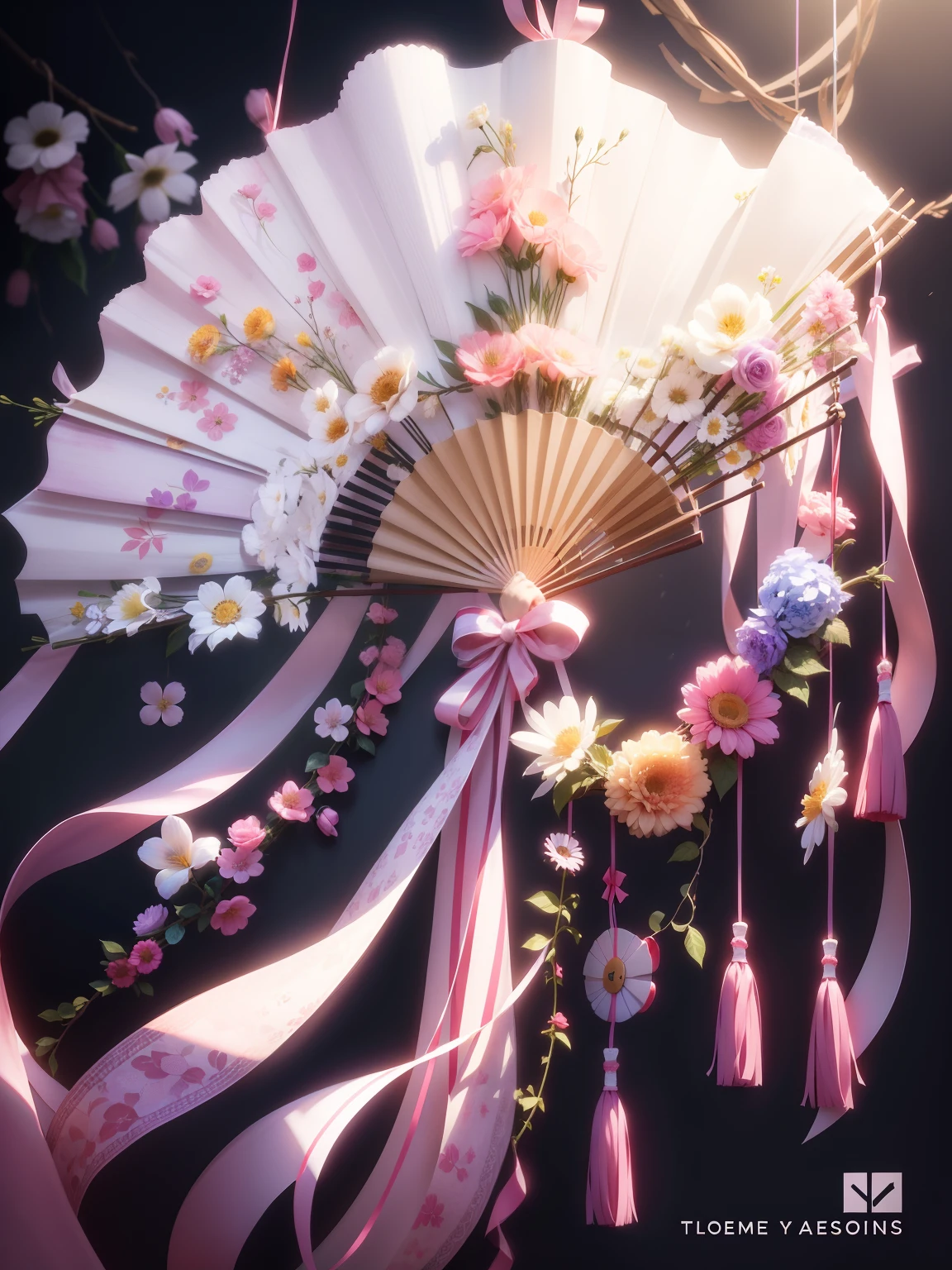 There is a fan,Flowers and ribbons hang on it,
