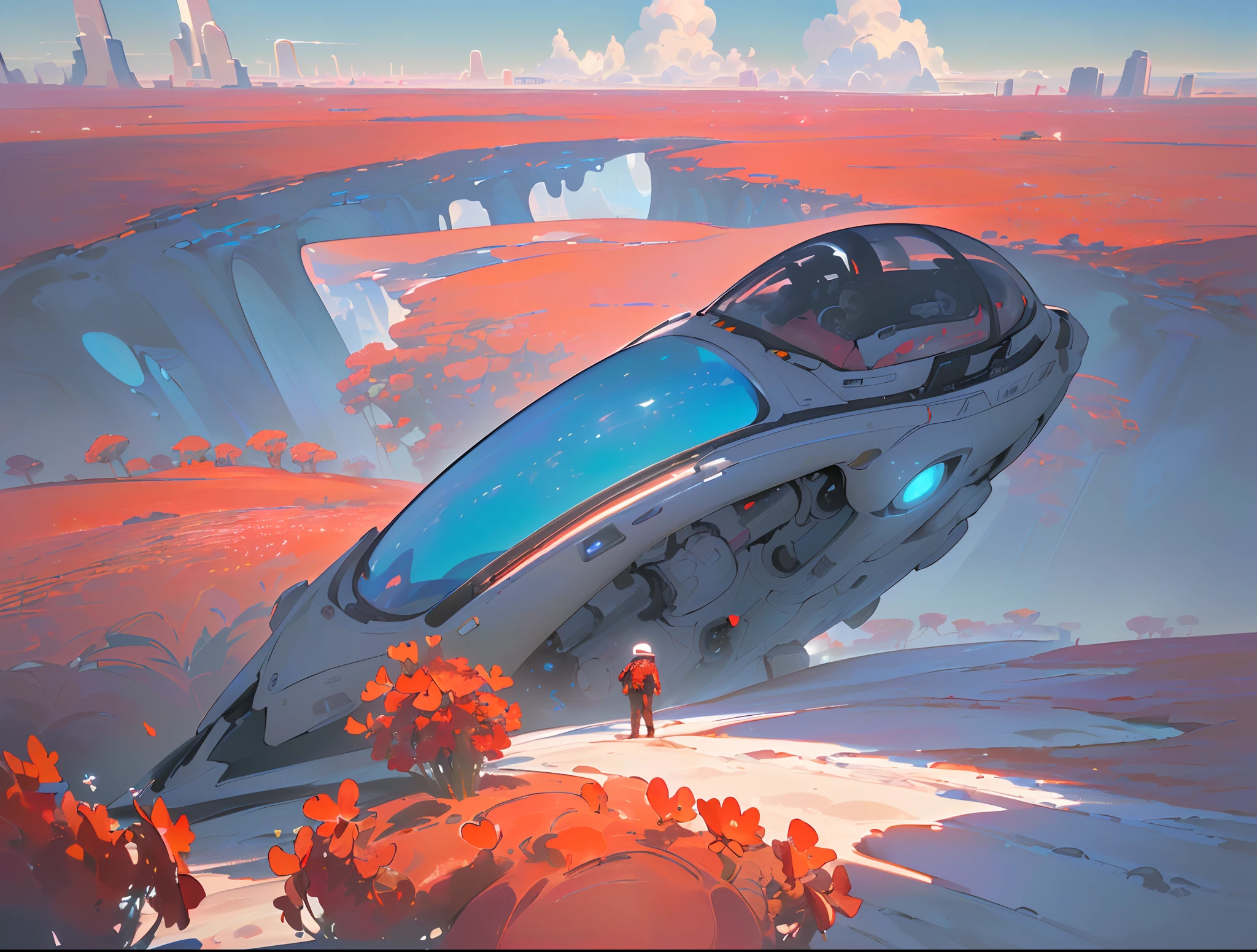 ((8k, foto RAW, melhor qualidade, Masterpiece Matte Painting based on Albert Withlock of an astronaut in a field of red flowers in the shape of hearts in ultra high resolution, ultra-detalhado, illustration, close-up, astonauta, ambiente apenas, sunny day and bluish sky with white clouds in 3D, futuro, imaginando, ao ar livre, somente plano de fundo, matte painting realista, Add a futuristic city to the background of the landscape with movements of spaceships and space cars People walk towards the field of red flowers