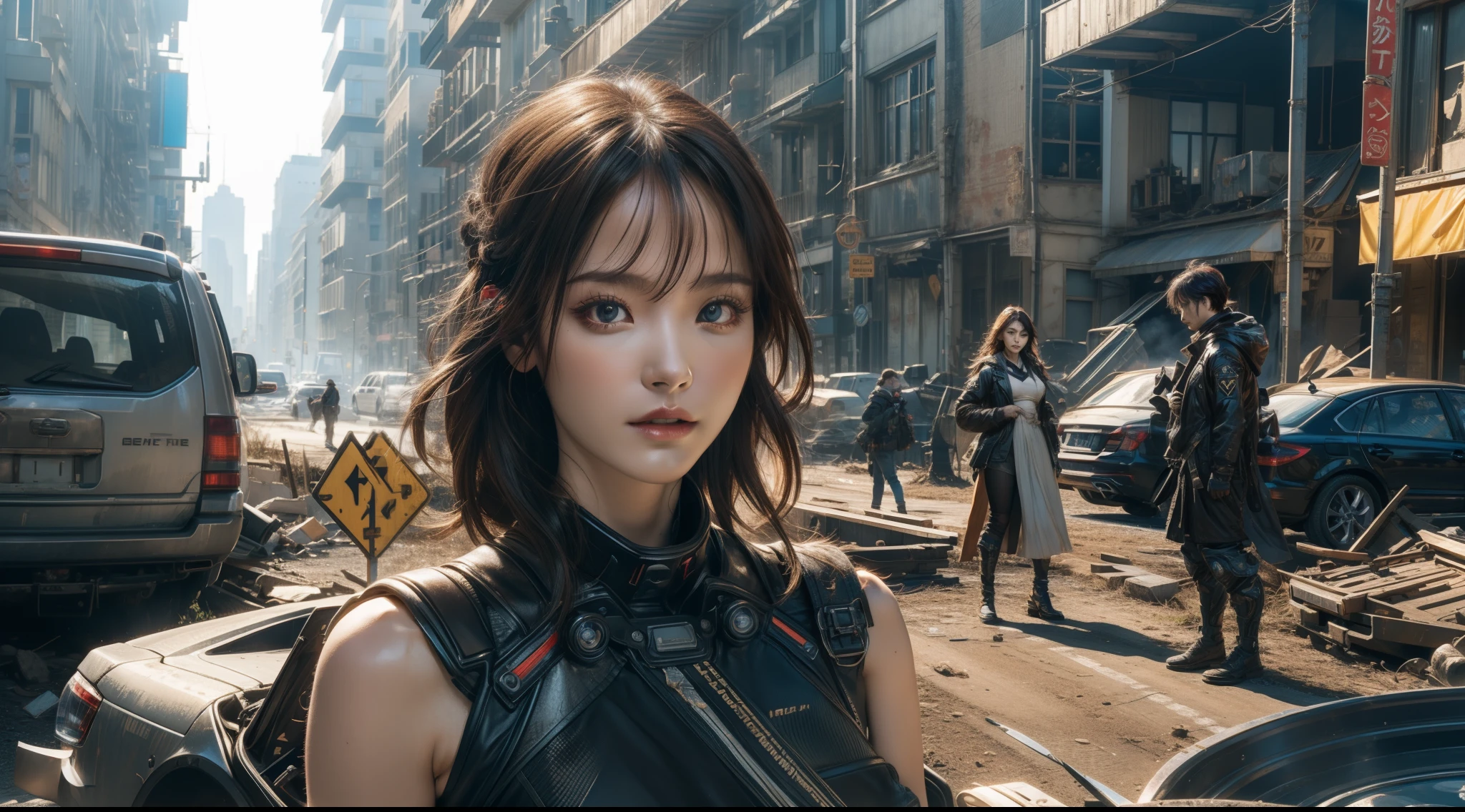 ((best qualtiy)), ((tmasterpiece)), ((Realistis)), (A detailed), (realisticlying:1.5),illusory engine, (High detail: 1.9),(femele:1.4),( beautiful: 1.4),(carismatic:1.3), (Large breasts), Fngel,Black feathered wings,beuaty girl,beauitful face, looking at viewert, dynamicposes, postapocalyptic, Destroyed city background, scientific fiction, hdr, Ray traching, NVIDIA RTX, Hyper-Resolution, Unreal 5, sub surface scattering, PBR tees, Post-processing, Anisotropic filtering, depth of fields, Maximum clarity and sharpness, trichotomy,8K original,(Luminous Particle:1.4),(VerydetailedCG,Unity 8k壁纸,cinmatic lighting,lens flare glow),Reflectors,Sharp focus,black toga