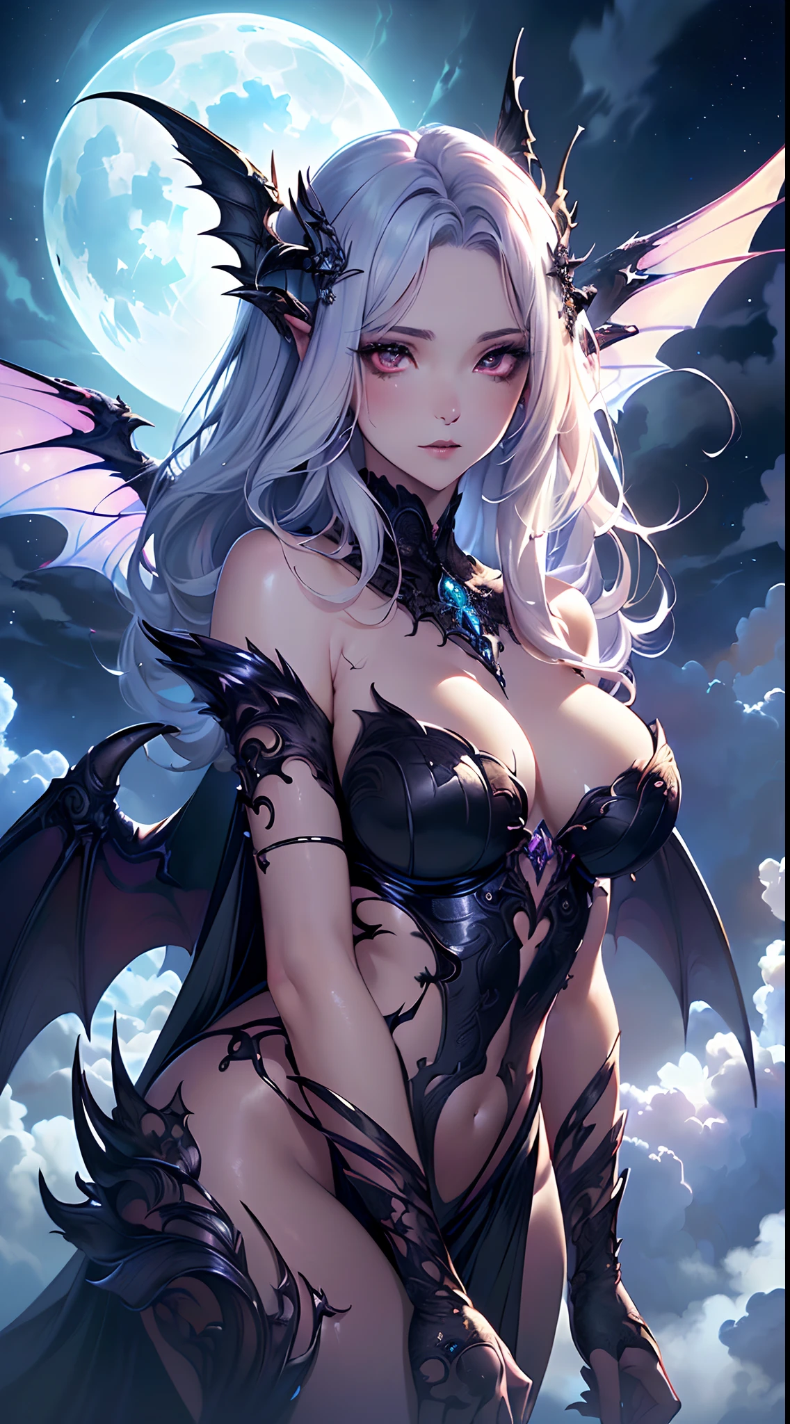 ((Need)), ((tmasterpiece)), (A detailed), Enchanting succubus, Ethereal beauty, Perched in clouds, (fantasy illustrations:1.3), Seductive gaze, captivating posture, delicate wings, otherworldly charm, Mysterious Sky, (Luis Royo:1.2), (Yoshitaka Amano:1.1), Moon Night, pastelcolor, (Detailed cloud view:1.3), (A high resolution:1.2)，Close-up shot，Close-up shot