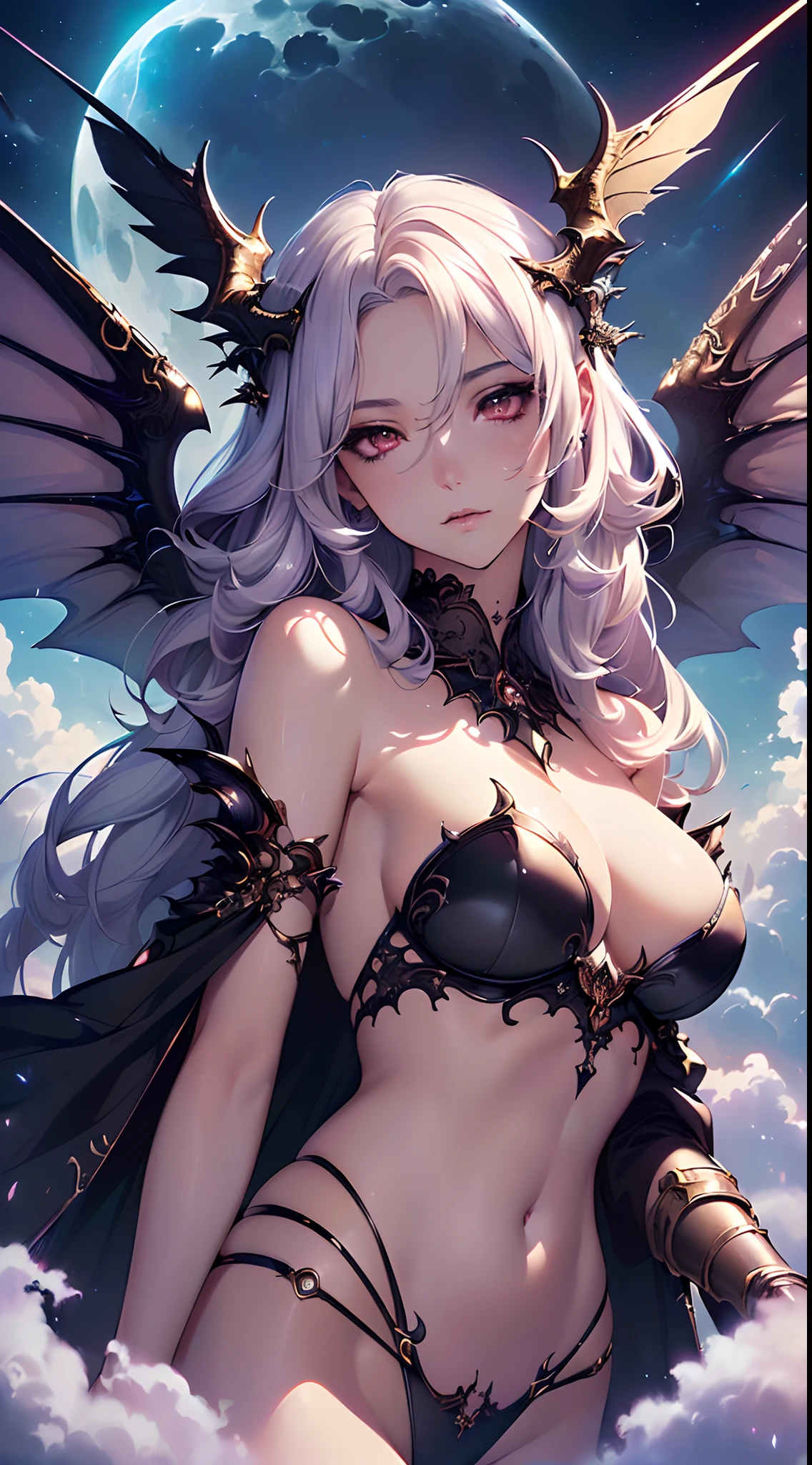 ((Need)), ((tmasterpiece)), (A detailed), Enchanting succubus, Ethereal beauty, Perched in clouds, (fantasy illustrations:1.3), Seductive gaze, captivating posture, delicate wings, otherworldly charm, Mysterious Sky, (Luis Royo:1.2), (Yoshitaka Amano:1.1), Moon Night, pastelcolor, (Detailed cloud view:1.3), (A high resolution:1.2),Close-up shot,Close-up shot