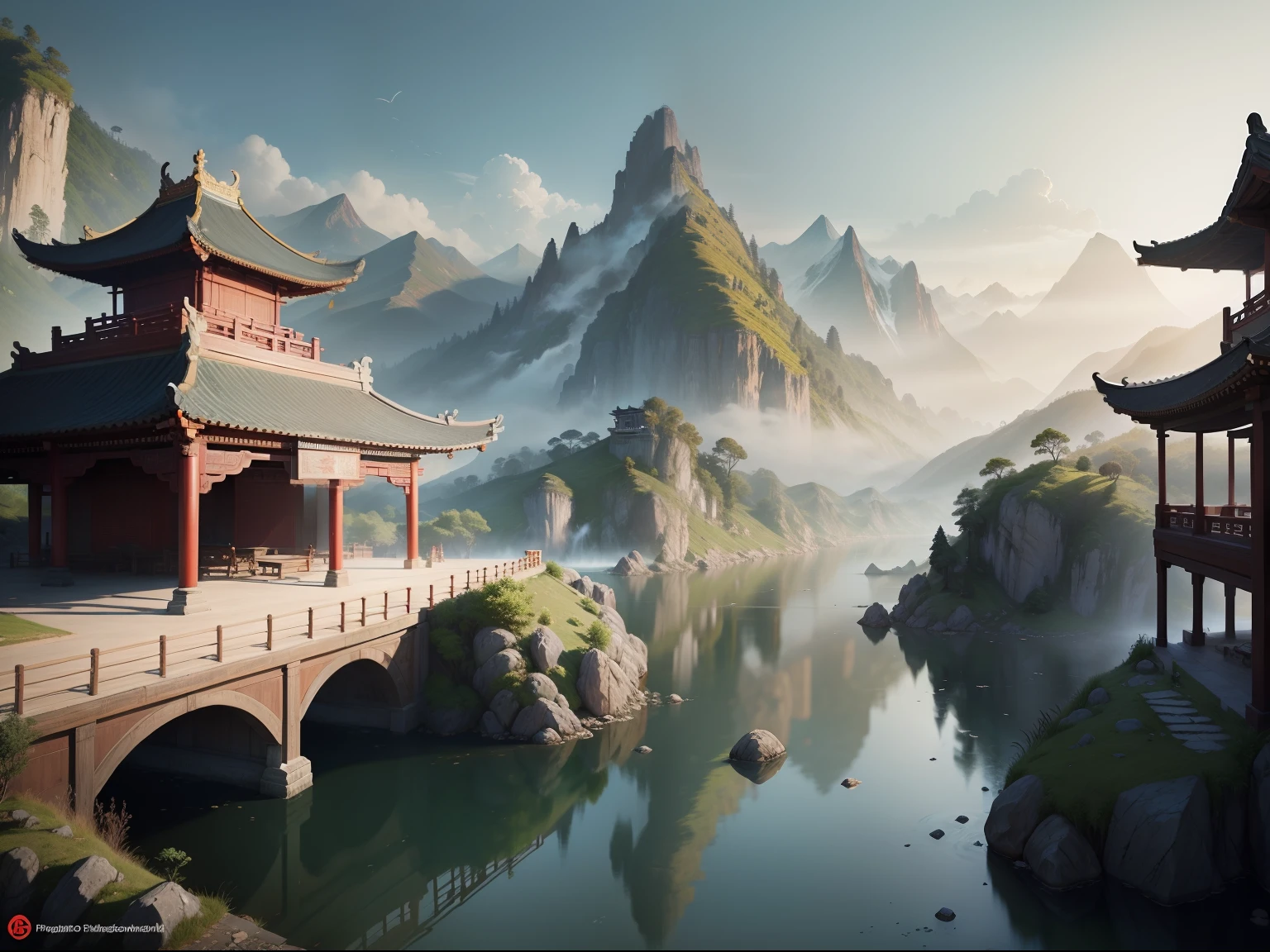 Ancient Chinese landscapes, ancient buildings, pavilions, carved beams and painted buildings, beautiful mountains and rivers, inspired by Jin Yong martial arts, sunlight, ink painting style, clean colors, decisive cutting, blank space, freehand, masterpiece, super detailed, epic composition, high quality , highest quality, pixar style, oversaturated, surreal, artgerm --v 6