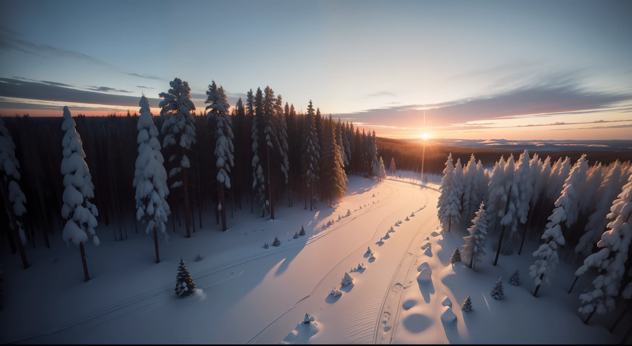 Swedish forest at dusk and midwinter、Aerial view from directly above