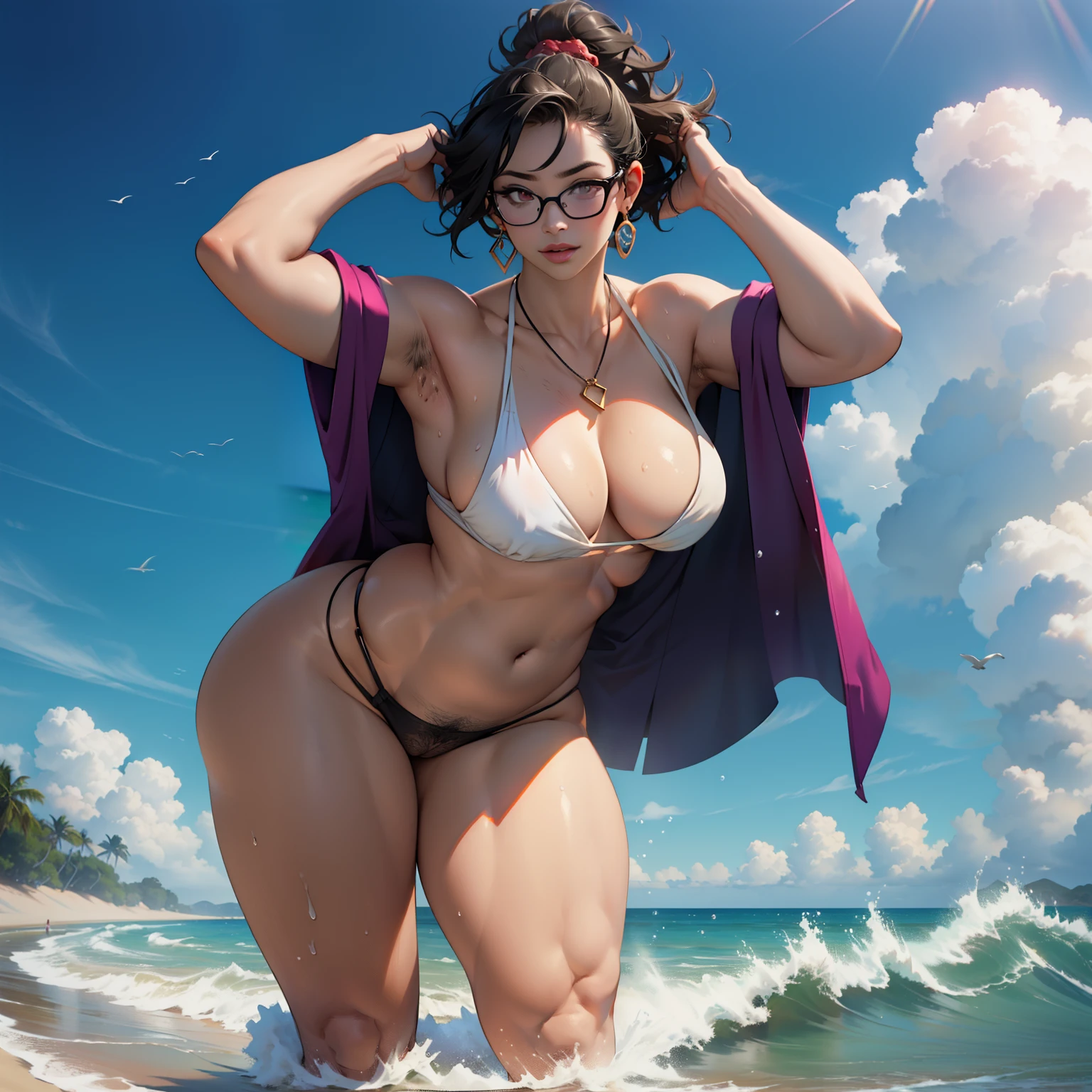 独奏，（：1.3），thick thight，upper legs，Wide buttock，dent in the skin，short detailed hair，curlies，erected ，beachside，ssmile，Love glasses ，Leaning in ，Vaginal exposure ，omao，pubes，cheerfulness，（Red belly pocket：1.2），cparted lips，plumw，exposed midriff，protruding areolas，gigantic cleavage breasts，4K，realistic humid skin，Armpits，Large curved hips，very big tongue out，Fleshy figure，with perfect legs，Hypertrophic，protruding areolas，Hypertrophic，crouched，Bronzed skin，Detailed lips，bubble butt，Breasts are larger than the torso，Crazy swollen breasts，otherworld background，Koreainsta Goddess，Realistic fantasy rendering，Forced hair，photorealistic anime girl rendering，Faraway view，（full-body portraits：1.4），（：1.5），（Exaggerated body proportions），（Nine-headed body），Wear a delicate earring pendant，The chest is exposed from it，a plump buttocks，slender leg，Thick thighs，（Wear a red transparent kimono）， camel-toe，rendering by octane， （Unbeatable masterpiece， ultra realistic 8k cg， dramatics， Ray traching， hdr：1.2）， （best qualtiy）， fanciful， atmospurate， extremely detaile， iintricate， Hyper-detailing， glaring lights， （mirror lighting： 1.4）， （photorealiscic face： 1.2）， （dent in the skin： 1.3）， （1 rapariga： 1.4），Bright red lip gloss，stretch open，pubes，The belly bulges，prengant