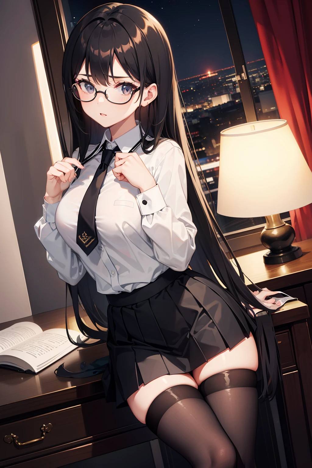 night, home, 1 girl, glasses, secretary, short skirt, black stockings, hands at back