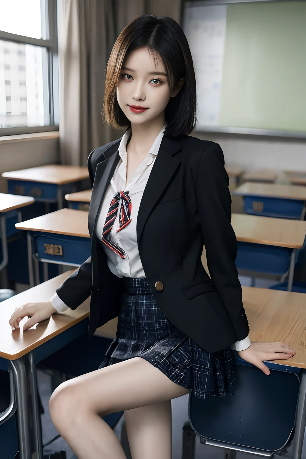 A high resolution，21-year-old girl，full bodyesbian，Large round chest，校服，tiese，Tie ribbon，blazer jacket，a skirt，beautiful eyes in detail，long eyelasher，beautiful double eyelid，eye shadows，Slit-eye，Sanpaku eyes，Dark eye makeup，ssmile，Beautiful thin legs，blacksilk，Black boots，Short hair gathered in the back，School Classroom