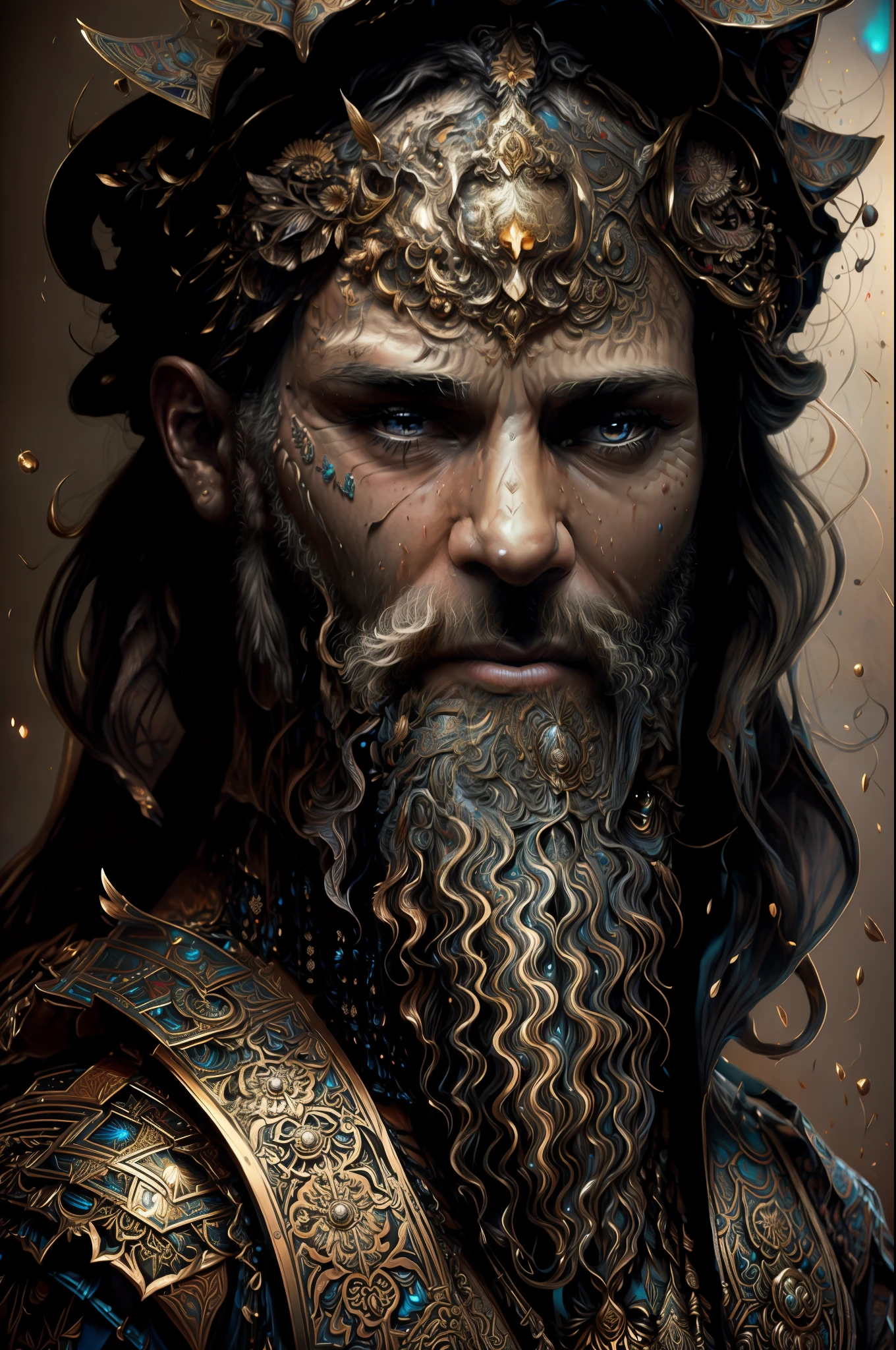 Digital painting of a 25-year-old man with a beard and a flowered headdress ,Arte de Alberto Severo, salpicaduras y gotas congeladas multicolores, dream, Pintura digital surrealista , brillos tornasolados, efectos 3D, Ultra HD, obra de arte magistral ,cinematic lighting,16k Arte digital 4K altamente detallado, Pintura digital intrincada, Arte digital detallado 4K, Gran arte digital con detalles, amazing detail digital art, Arte digital extremadamente detallado, Arte digital altamente detallado, amazing digital art, Awesome Digital Illustration, hyperdetailed fantasy character, Arte digital hiperdetallado, Arte digital demasiado detal