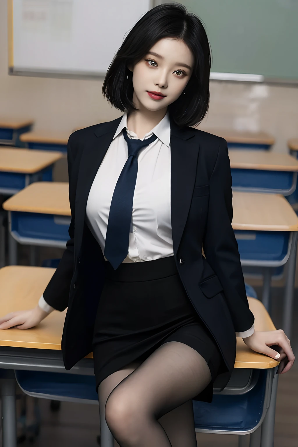 A high resolution，21-year-old girl，full bodyesbian，Large round chest，校服，tiese，Tie ribbon，blazer jacket，a skirt，beautiful eyes in detail，long eyelasher，beautiful double eyelid，eye shadows，Slit-eye，Sanpaku eyes，Dark eye makeup，ssmile，Beautiful thin legs，blacksilk，Black boots，Short hair gathered in the back，School Classroom