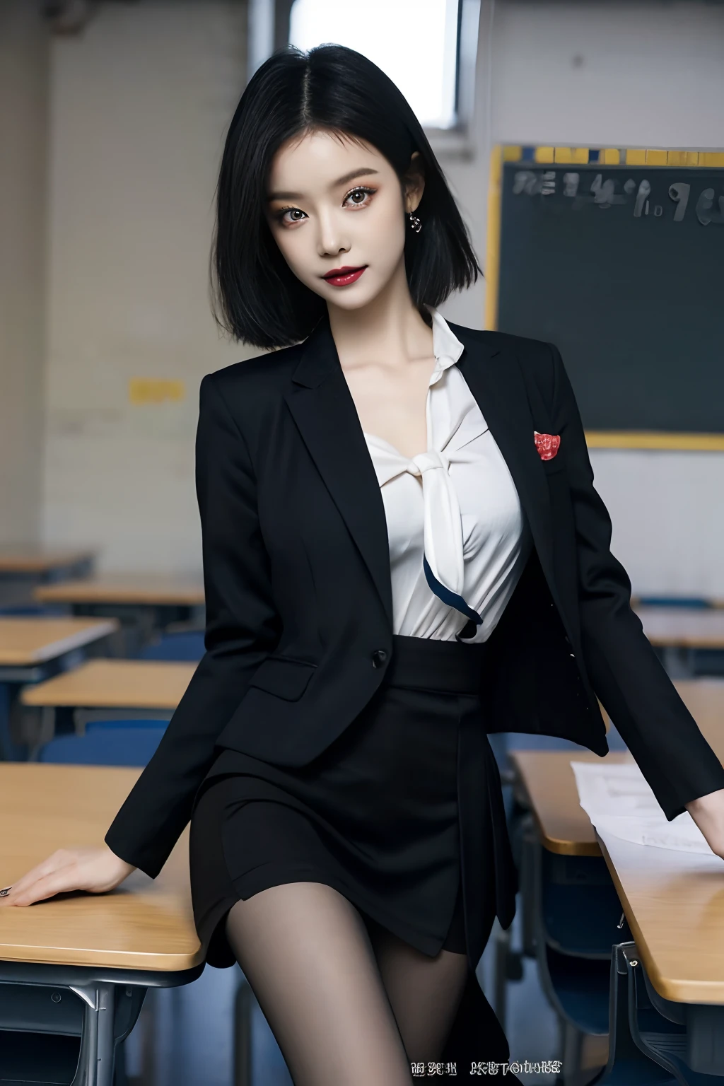 A high resolution，21-year-old girl，full bodyesbian，Large round chest，校服，tiese，Tie ribbon，blazer jacket，a skirt，beautiful eyes in detail，long eyelasher，beautiful double eyelid，eye shadows，Slit-eye，Sanpaku eyes，Dark eye makeup，ssmile，Beautiful thin legs，blacksilk，Black boots，Short hair gathered in the back，School Classroom