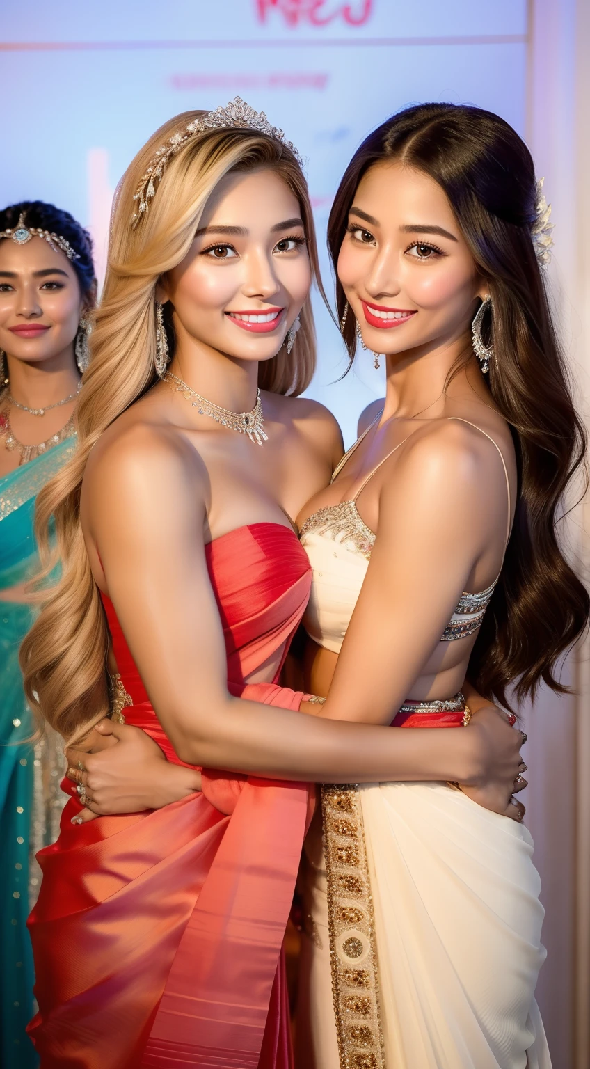 "Elsa Jean and Pooja Hegde  in a warm embrace, captured in a candid moment. Elsa Jean is adorned with exquisite jewelry, wearing a stunning Indian traditional saree, complemented perfectly by her striking red lipstick. Meanwhile, Pooja Hegde looks dashing in a stylish punjabi suit. The scene unfolds at a grand wedding event." Full length photo showing full body in photo