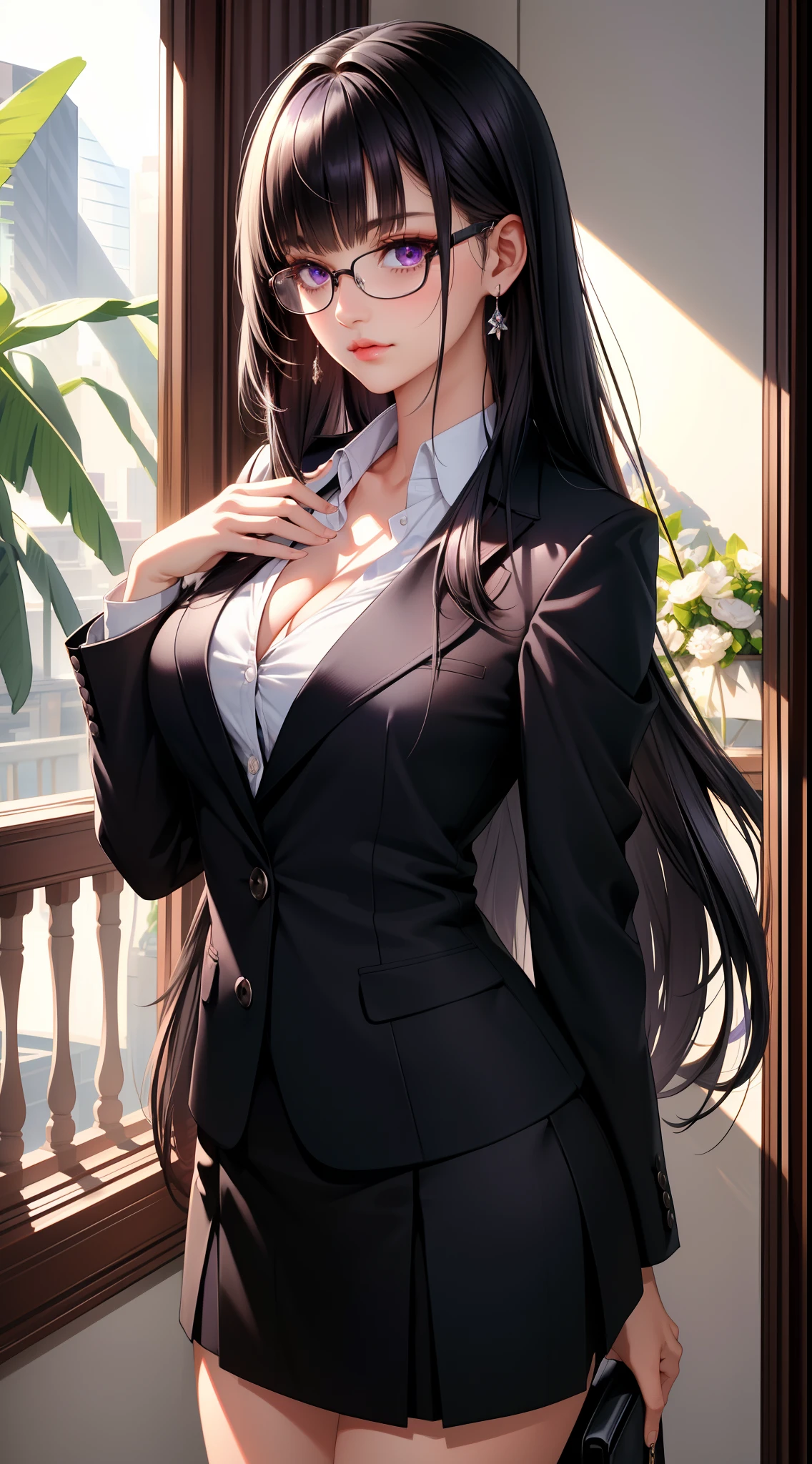 (Best quality:1.1), (Masterpiece:1.2), Highqualityshadow, Beautiful detailed, Beautiful face, Detailed eyes, Depth of field, A high resolution, Best shadow, Best illumination, 1girll, view the viewer, Black hair, Blunt bangs, Long hair, Purple eyes, Shy, Large breasts, Miniskirt, blouse, Blazer, Pump, Office Lady, Glasses,cleavage