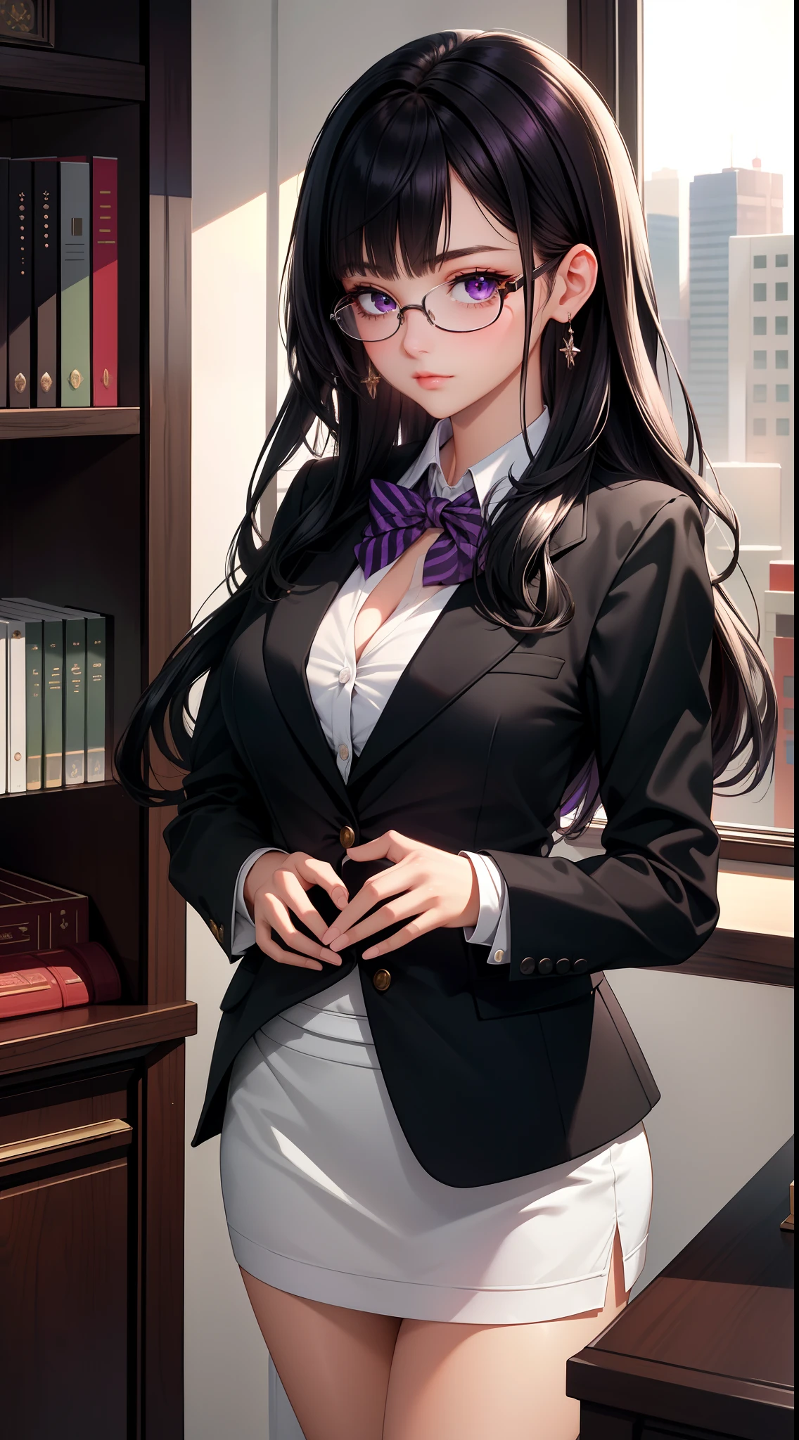 (Best quality:1.1), (Masterpiece:1.2), Highqualityshadow, Beautiful detailed, Beautiful face, Detailed eyes, Depth of field, A high resolution, Best shadow, Best illumination, 1girll, view the viewer, Black hair, Blunt bangs, Long hair, Purple eyes, Shy, Large breasts, Miniskirt, blouse, Blazer, Pump, Office Lady, Glasses,cleavage