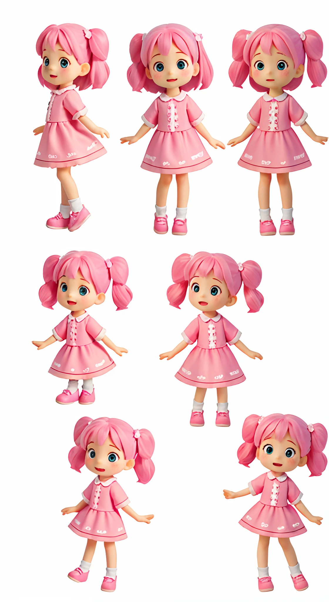 Little girl character, 7 poses and expressions, 6year old girl, A pink-haired,Pink dress, Pink clothes, 児童書, Illustration style