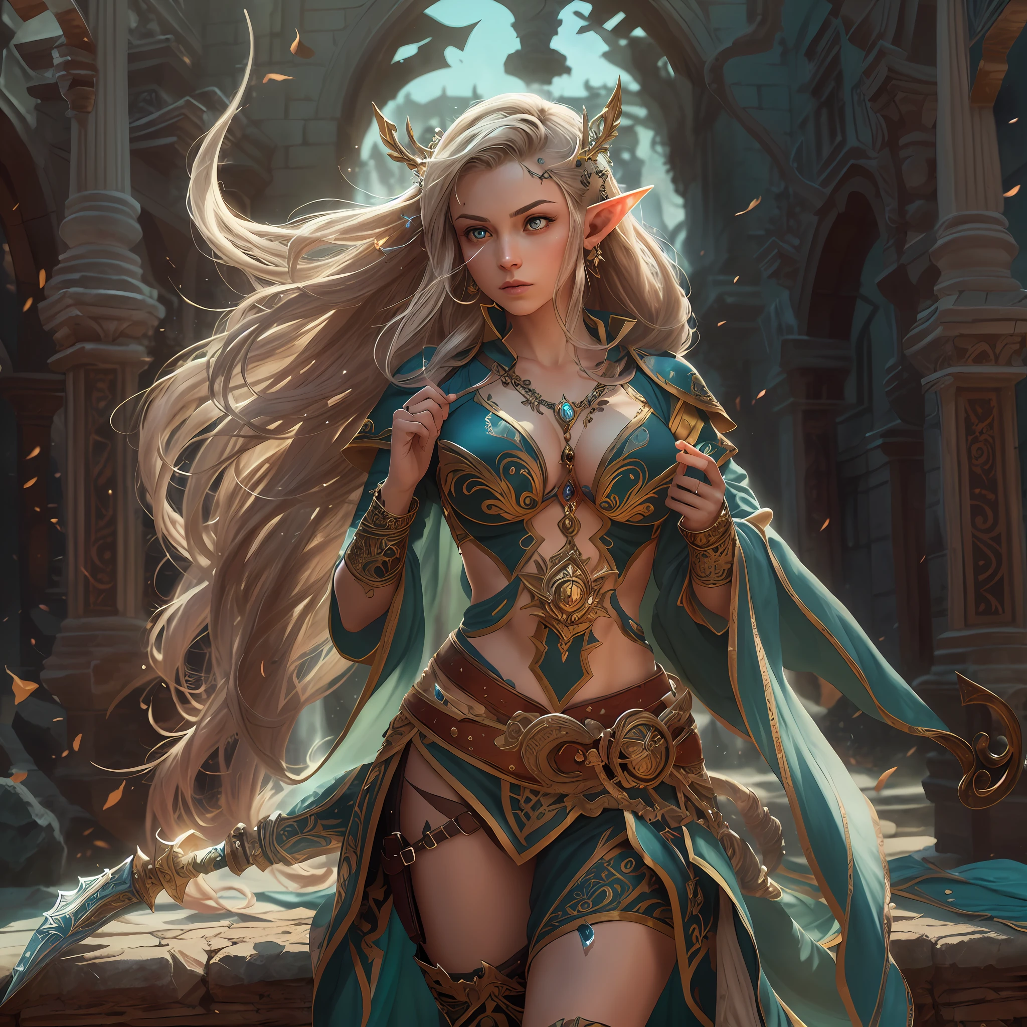 arafed, high details, best quality, 8k, [ultra detailed], masterpiece, best quality, (extremely detailed), dynamic angle, ultra wide shot, photorealistic, fantasy art, dnd art, rpg art, realistic art, a wide angle picture of an epic female elf wizard, arcane warrior, full body, [[anatomically correct]] full body (intricate details, Masterpiece, best quality: 1.6) casting a spell (intricate details, Masterpiece, best quality: 1.5), casting an epic spell, [colorful magical sigils in the air],[ colorful arcane markings floating]  (intricate details, Masterpiece, best quality: 1.6) holding an [epic magical sword]  (intricate details, Masterpiece, best quality: 1.6) holding epic [magical sword glowing in red light]  (intricate details, Masterpiece, best quality: 1.6). in fantasy urban street ( (intricate details, Masterpiece, best quality: 1.6), a female, beautiful epic female elf, wearing elven leather armor  (intricate details, Masterpiece, best quality: 1.3), high heeled leather boots, ultra detailed face (intricate details, Masterpiece, best quality: 1.3), small pointed ears, thick hair, long hair, dynamic hair, fair skin intense eyes, fantasy city background  (intricate details, Masterpiece, best quality: 1.6), sun light, backlight, depth of field  (intricate details, Masterpiece, best quality: 1.3), high details, best quality, highres, ultra wide angle