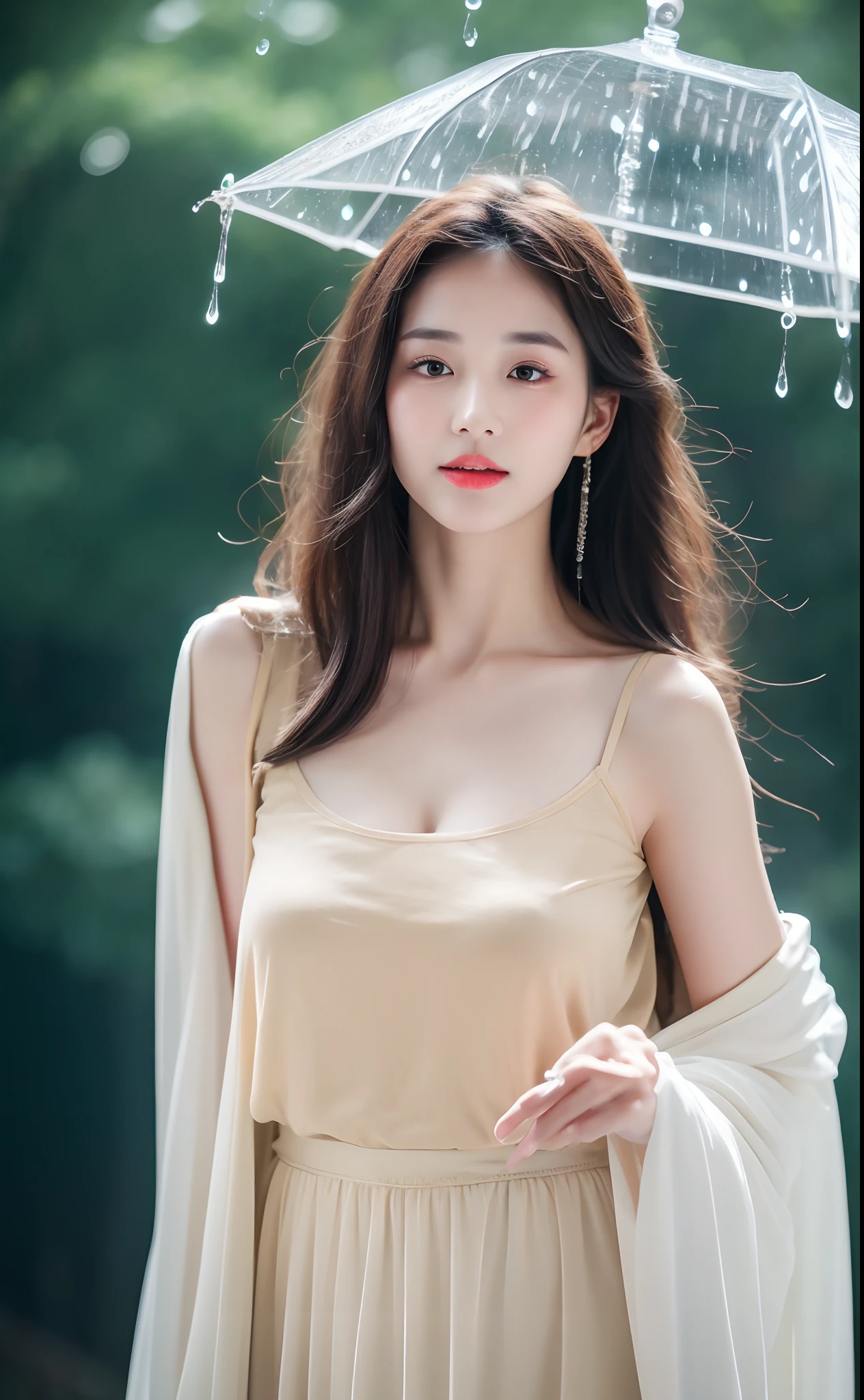 ((Best Quality, 8k, Masterpiece: 1.3)), Focus: 1.2, Perfect Body Beauty: 1.4, Buttocks: 1.2, ((Layered Haircut)), (Wet Clothes: 1.1), (Rain, Street:1.3), (Breasts: 1.2), (Hanfu: 1.2), Bare Shoulders, Bare Legs, Highly Detailed Face and Skin Texture, Fine Eyes, Double Eyelids, Whitened Skin, Long Hair, (Shut Up: 1.5), (Bokeh Background: 1.5), Big Breasts