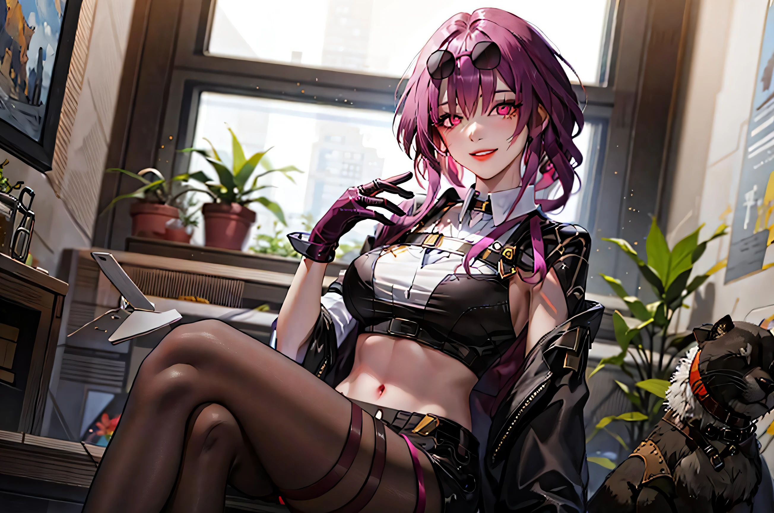 (masterpiece:1.2, best quality), (real picture, intricate details),1girl, star-kafka,solo,hair between eyes,sunglasses,eyewear on head,purple hair,pink eyes,large breasts,shiny skin,indoors,crossed legs,lace-trimmed legwear, sitting,cowboy shot,navel focus,glowing eyes,grin,hand on breasts,(midriff),(mature female),