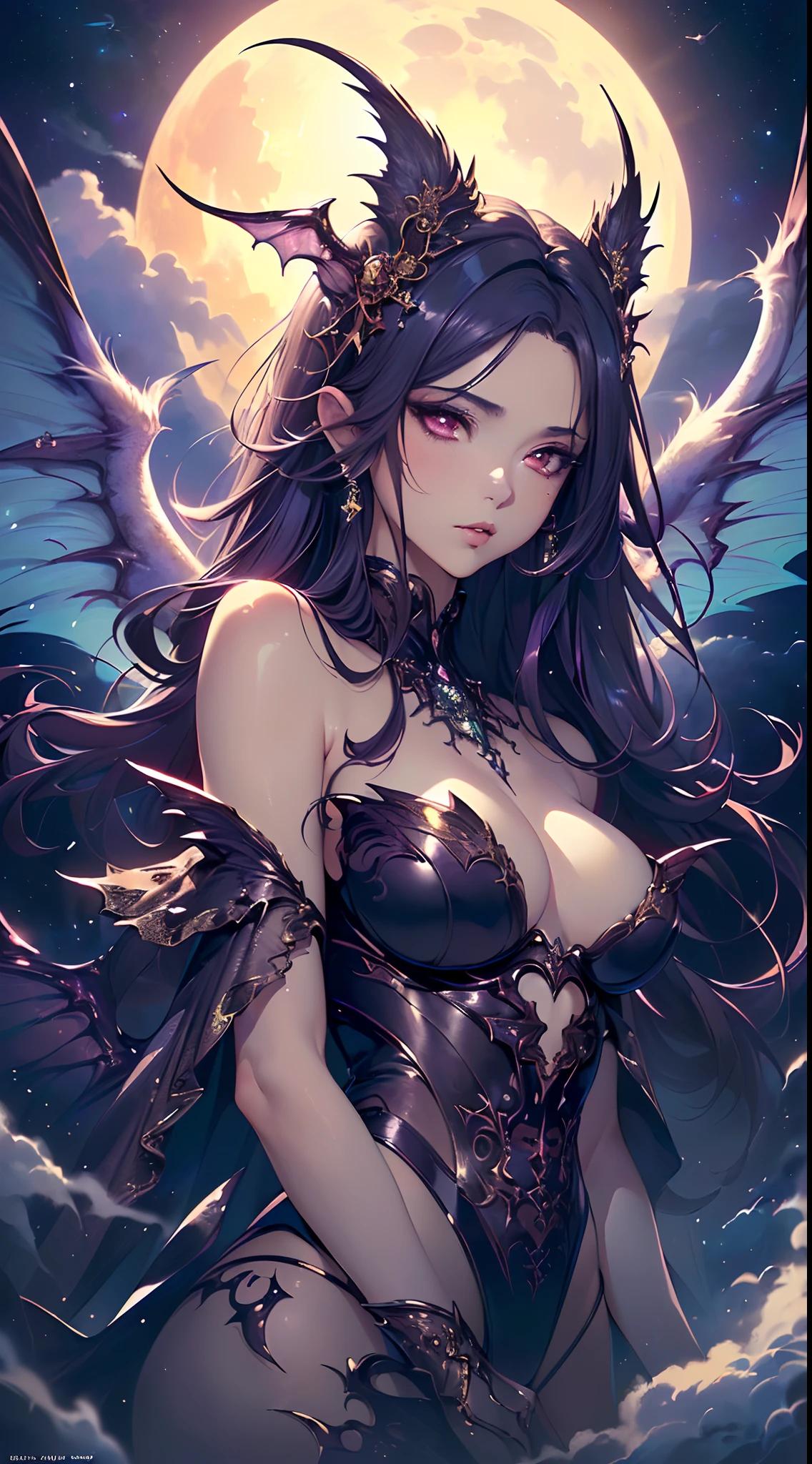 ((Need)), ((tmasterpiece)), (A detailed), Enchanting succubus, Ethereal beauty, Perched in clouds, (fantasy illustrations:1.3), Seductive gaze, captivating posture, delicate wings, otherworldly charm, Mysterious Sky, (Luis Royo:1.2), (Yoshitaka Amano:1.1), Moon Night, pastelcolor, (Detailed cloud view:1.3), (A high resolution:1.2),Close-up shot,Close-up shot