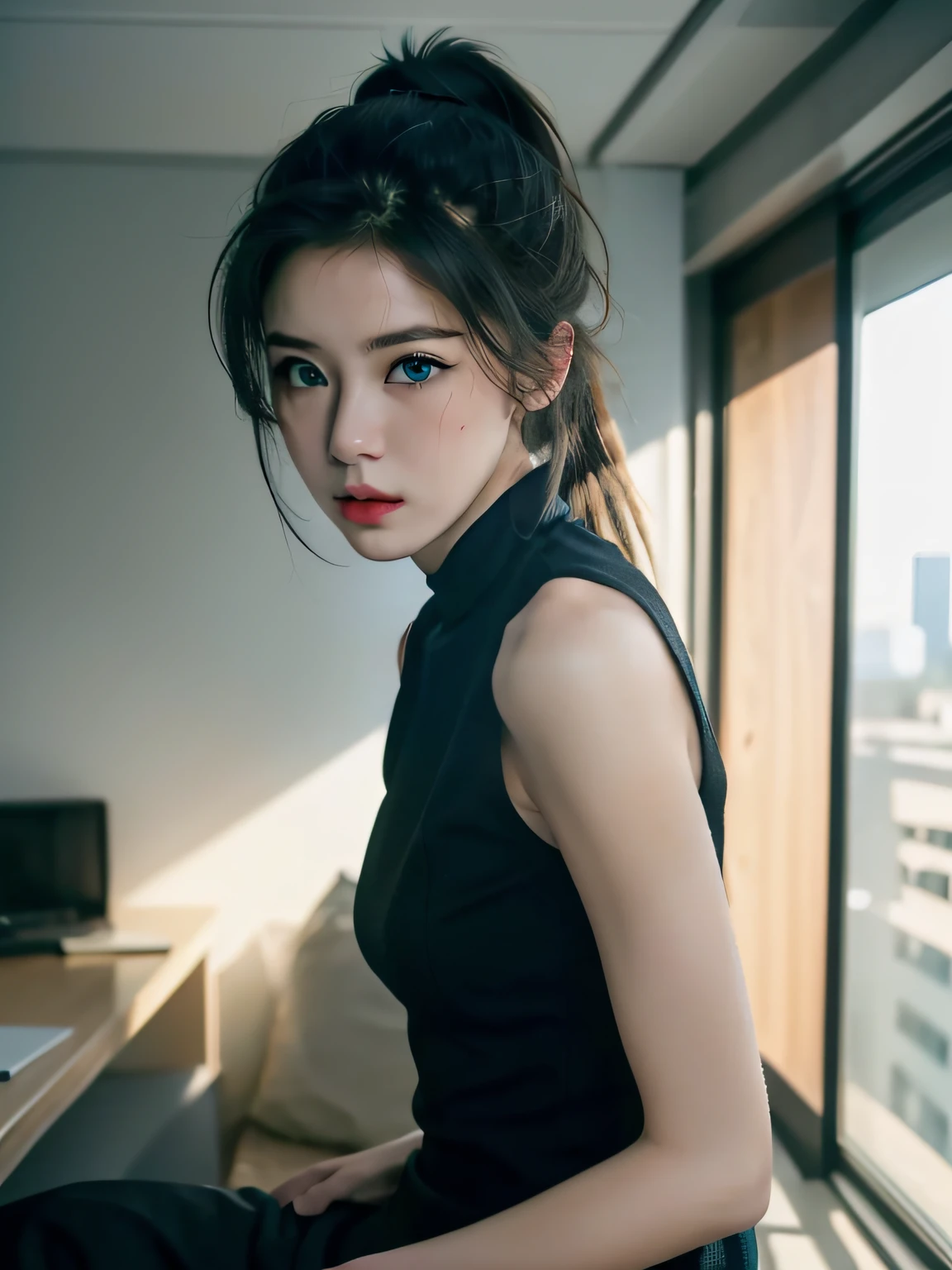 (8K, RAW photo, Best quality, Mastery:1.2), (Realistic, photo-realistic:1.37),1 girl,Cute,Blue eyes, (Solo),full-body portraits，Detailed ponytail，Dramatic angles，office room，looking at viewert，angle of view ,cyber punk perssonage,@aina08