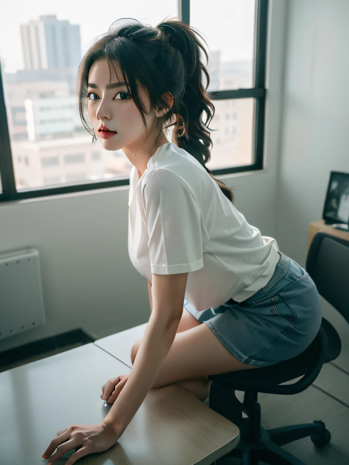 (8K, RAW photo, Best quality, Mastery:1.2), (Realistic, photo-realistic:1.37),1 girl,Cute,Blue eyes, (Solo),full-body portraits，Detailed ponytail，Dramatic angles，office room，looking at viewert，angle of view ,cyber punk perssonage,@aina08